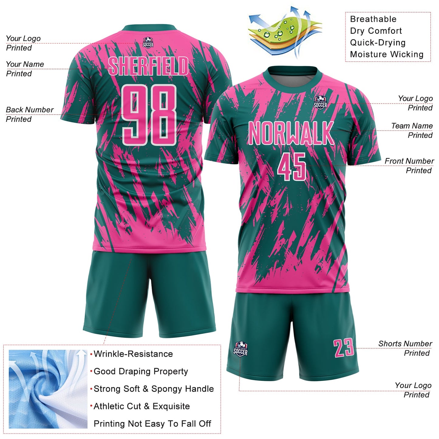 Custom Teal Pink-White Splatter Torn Sharp Brush Stroke Sublimation Soccer Uniform Jersey view 4