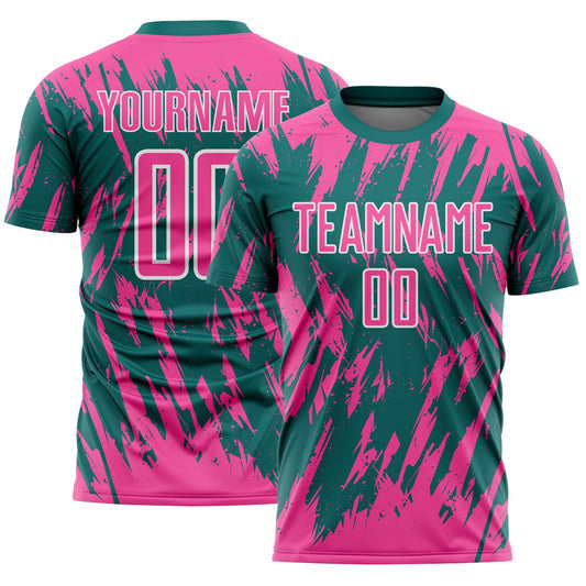 Custom Teal Pink-White Splatter Torn Sharp Brush Stroke Sublimation Soccer Uniform Jersey - Main View