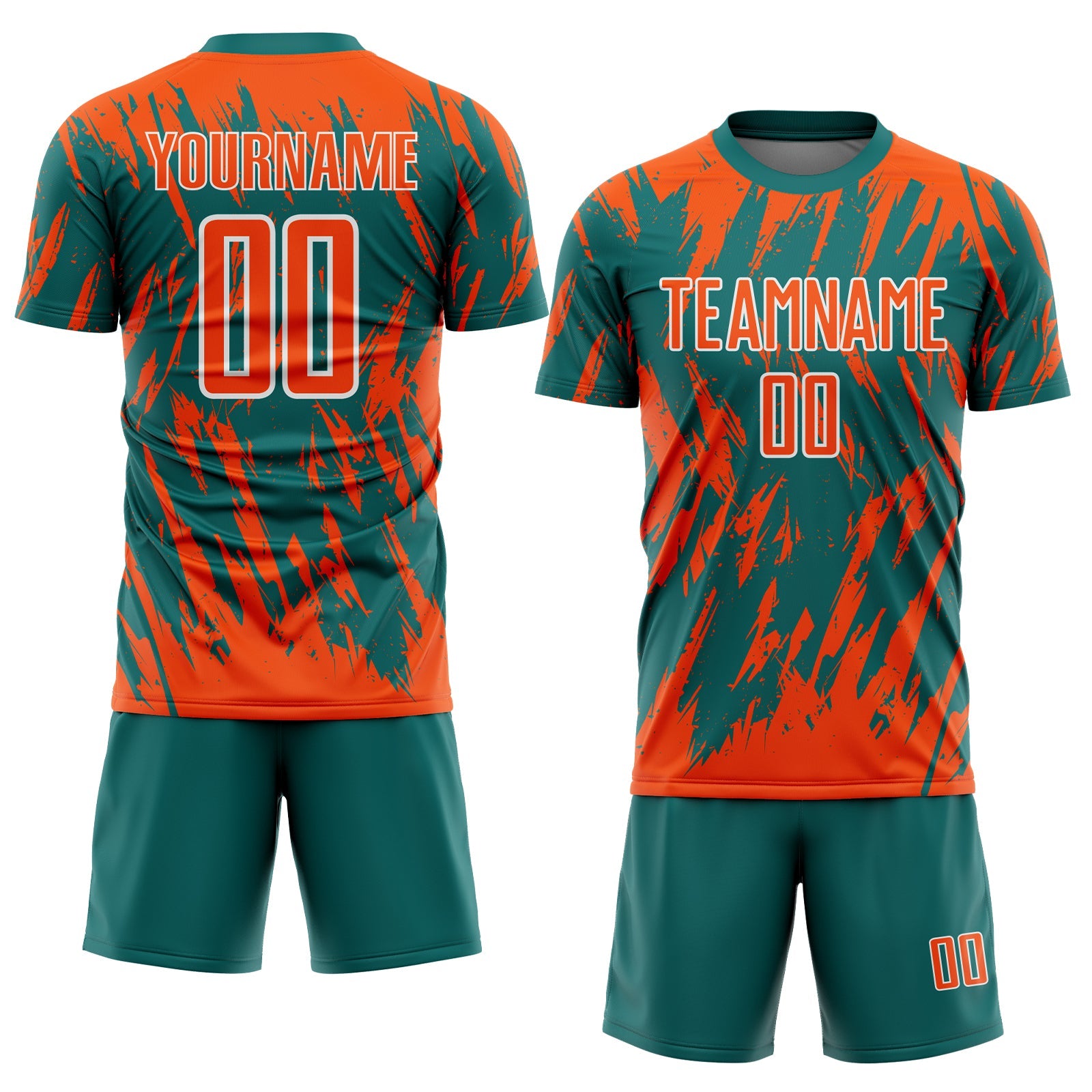 Custom Teal Orange-White Splatter Torn Sharp Brush Stroke Sublimation Soccer Uniform Jersey view 2