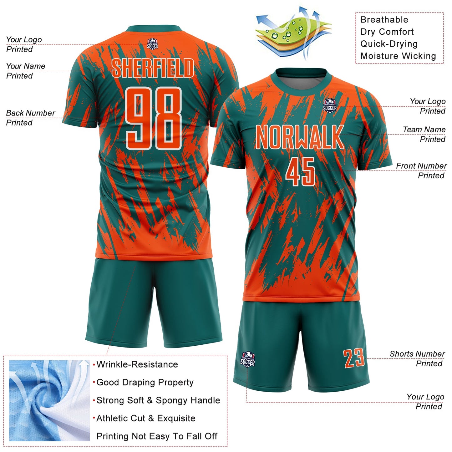 Custom Teal Orange-White Splatter Torn Sharp Brush Stroke Sublimation Soccer Uniform Jersey view 4