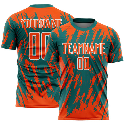 Custom Teal Orange-White Splatter Torn Sharp Brush Stroke Sublimation Soccer Uniform Jersey - Main View