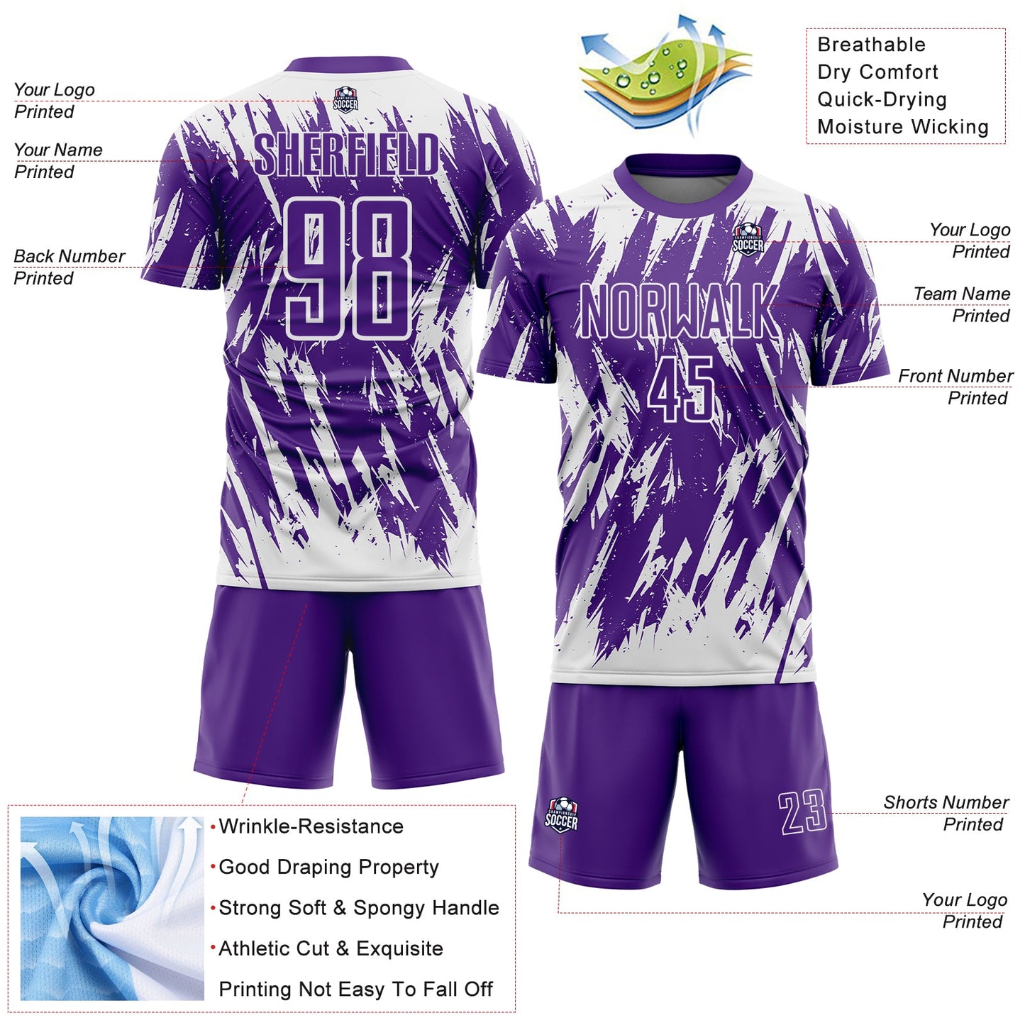 Custom Purple-White Splatter Torn Sharp Brush Stroke Sublimation Soccer Uniform Jersey view 4