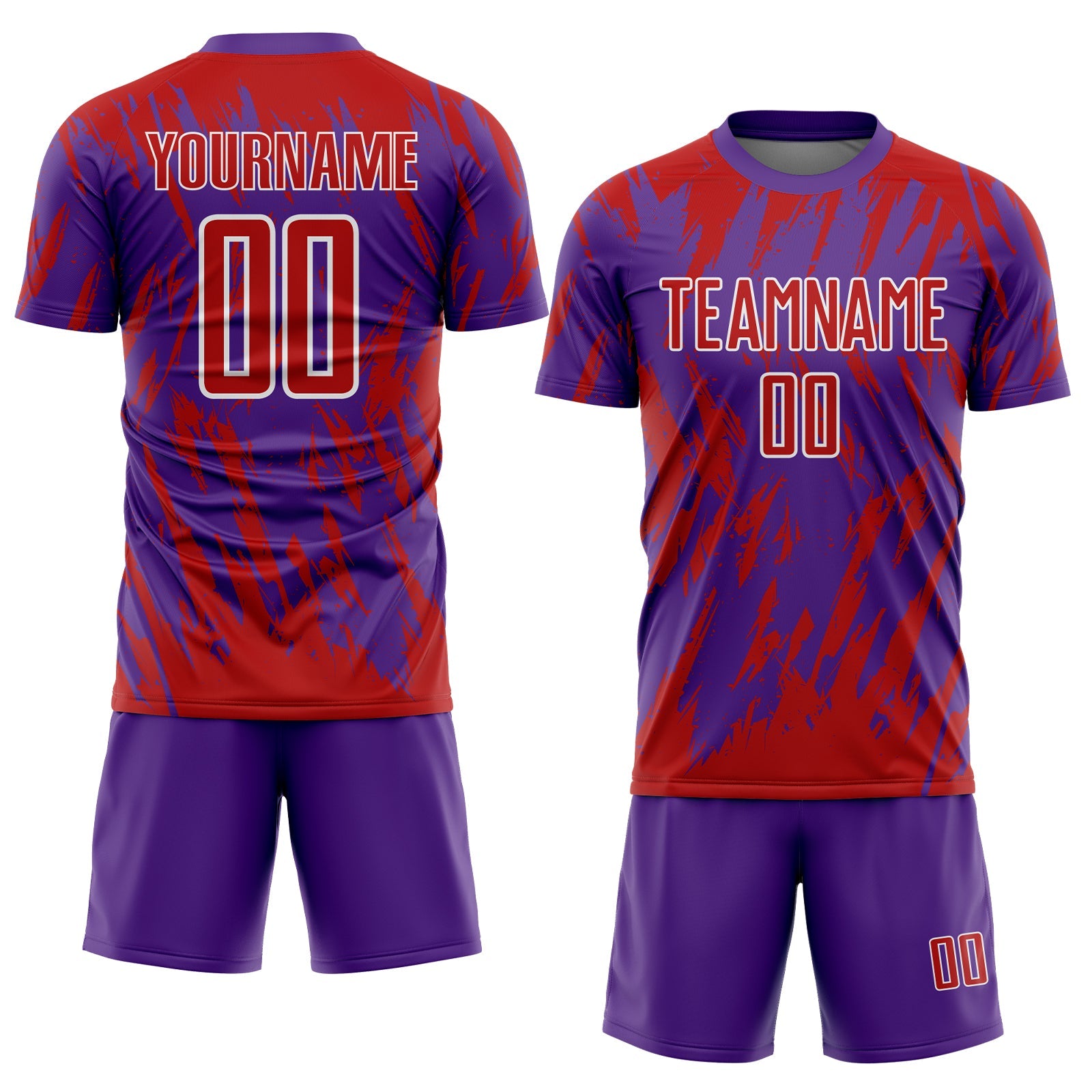 Custom Purple Red-White Splatter Torn Sharp Brush Stroke Sublimation Soccer Uniform Jersey view 2