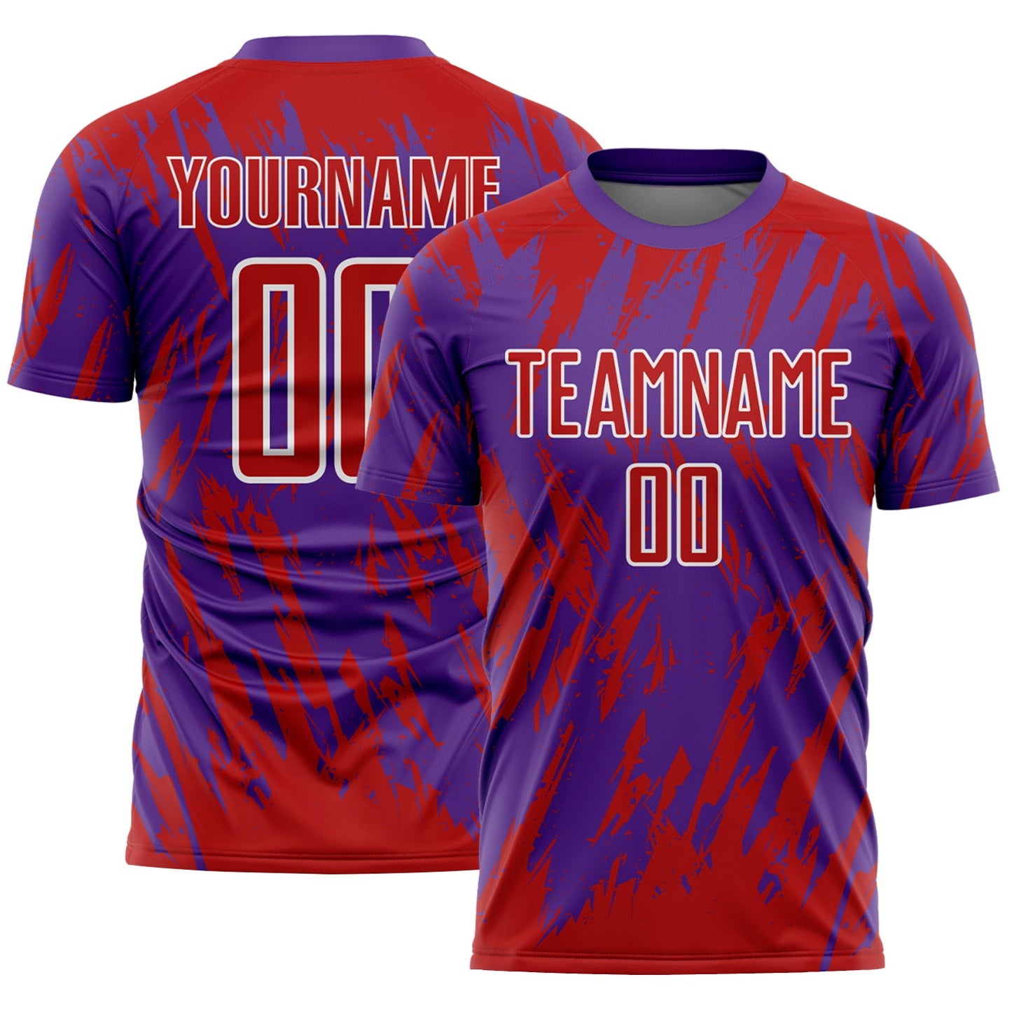 Custom Purple Red-White Splatter Torn Sharp Brush Stroke Sublimation Soccer Uniform Jersey - Main View