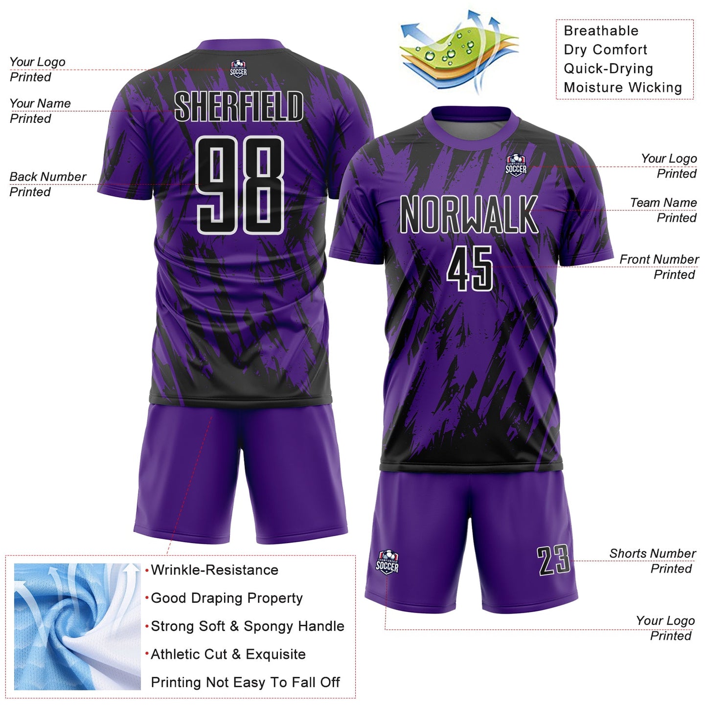 Custom Purple Black-White Splatter Torn Sharp Brush Stroke Sublimation Soccer Uniform Jersey view 4