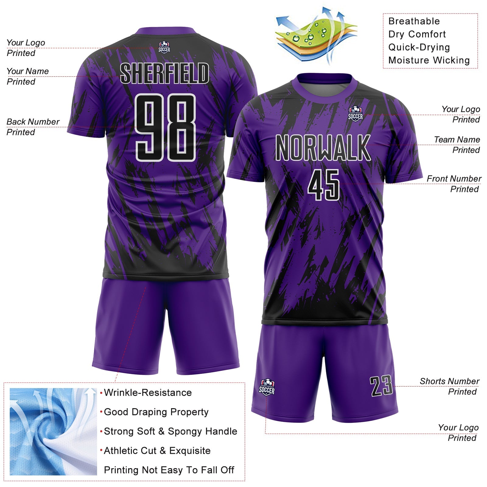 Custom Purple Black-White Splatter Torn Sharp Brush Stroke Sublimation Soccer Uniform Jersey view 4