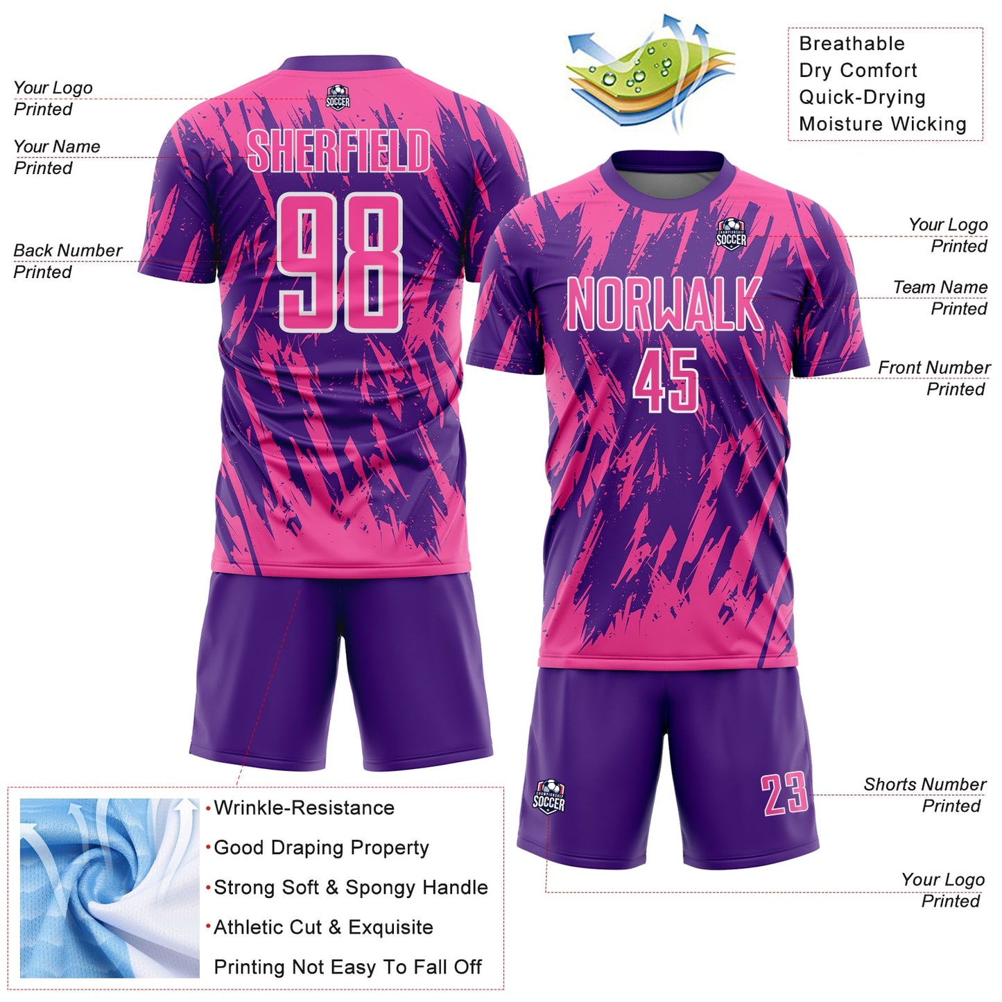 Custom Purple Pink-White Splatter Torn Sharp Brush Stroke Sublimation Soccer Uniform Jersey view 4