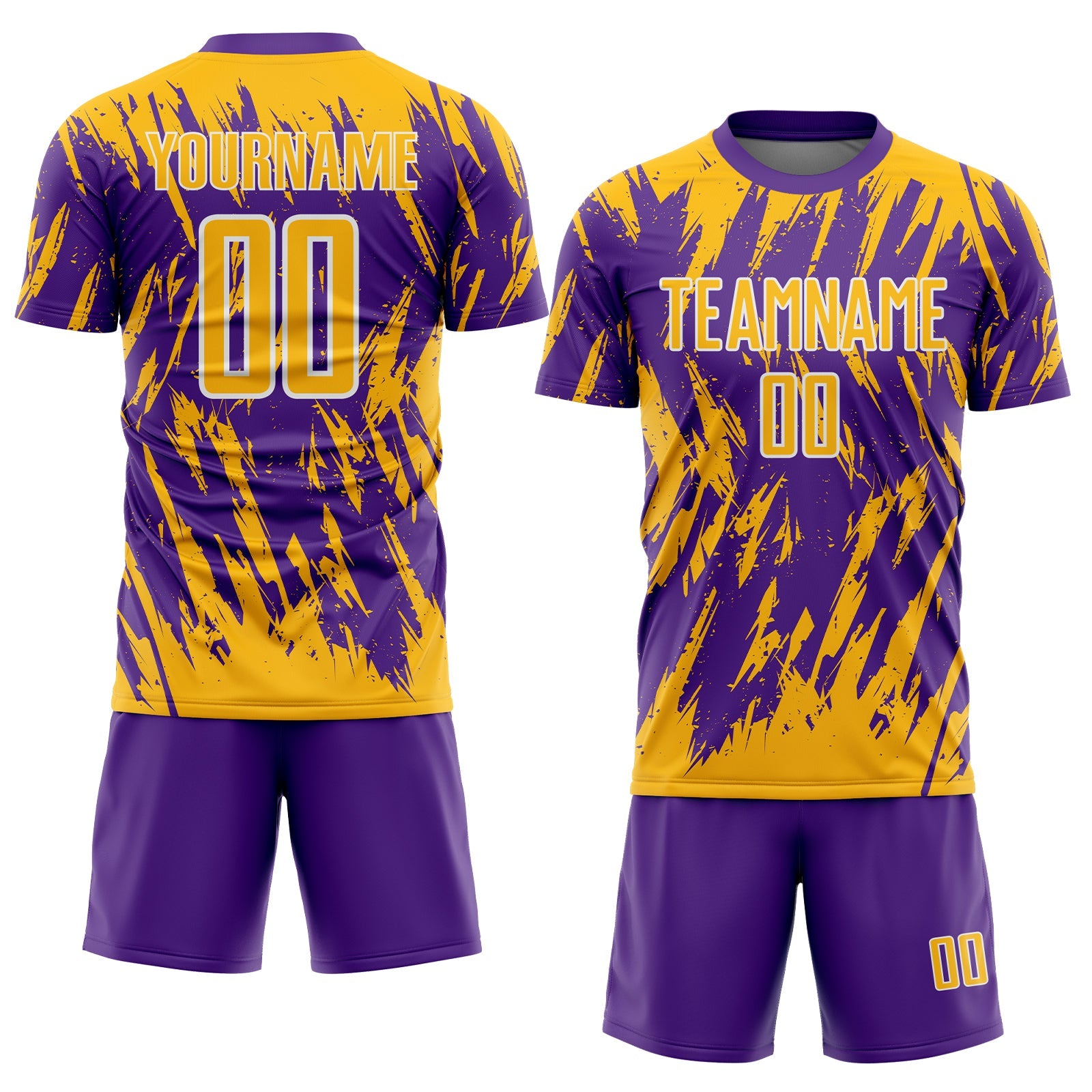 Custom Purple Gold-White Splatter Torn Sharp Brush Stroke Sublimation Soccer Uniform Jersey view 2