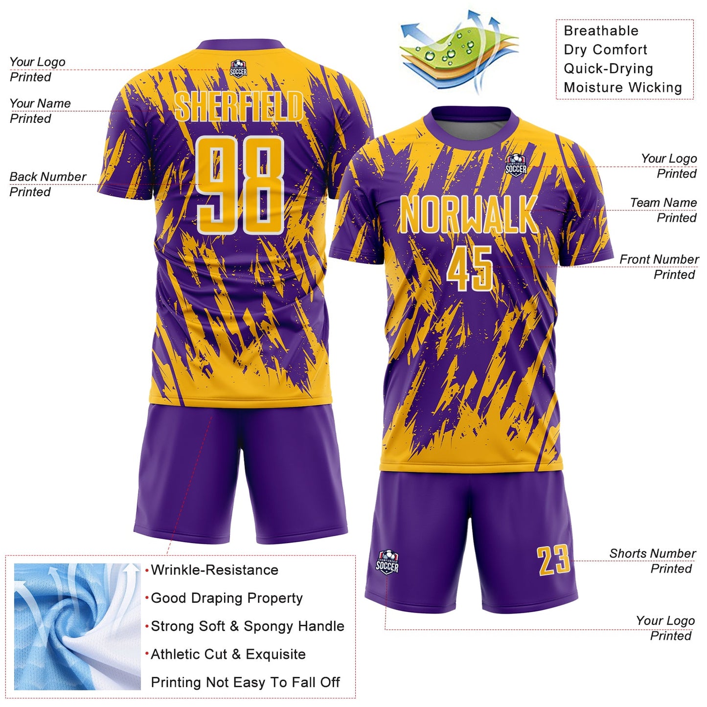 Custom Purple Gold-White Splatter Torn Sharp Brush Stroke Sublimation Soccer Uniform Jersey view 4