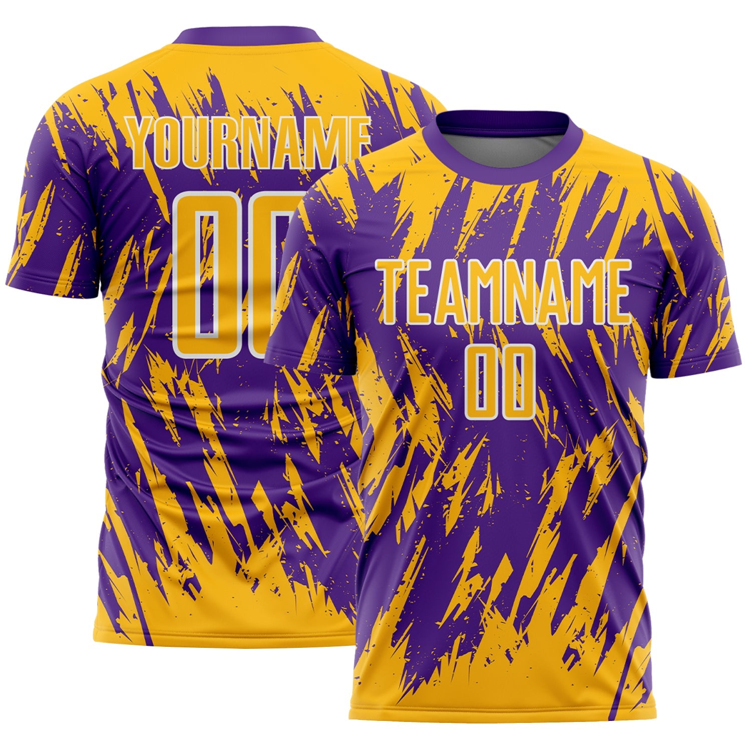 Custom Purple Gold-White Splatter Torn Sharp Brush Stroke Sublimation Soccer Uniform Jersey - Main View