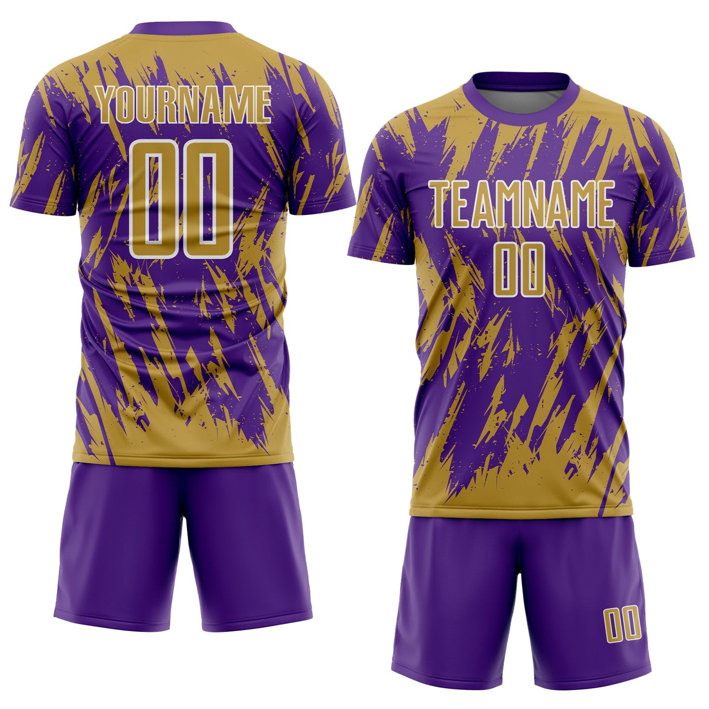 Custom Purple Old Gold-White Splatter Torn Sharp Brush Stroke Sublimation Soccer Uniform Jersey view 2