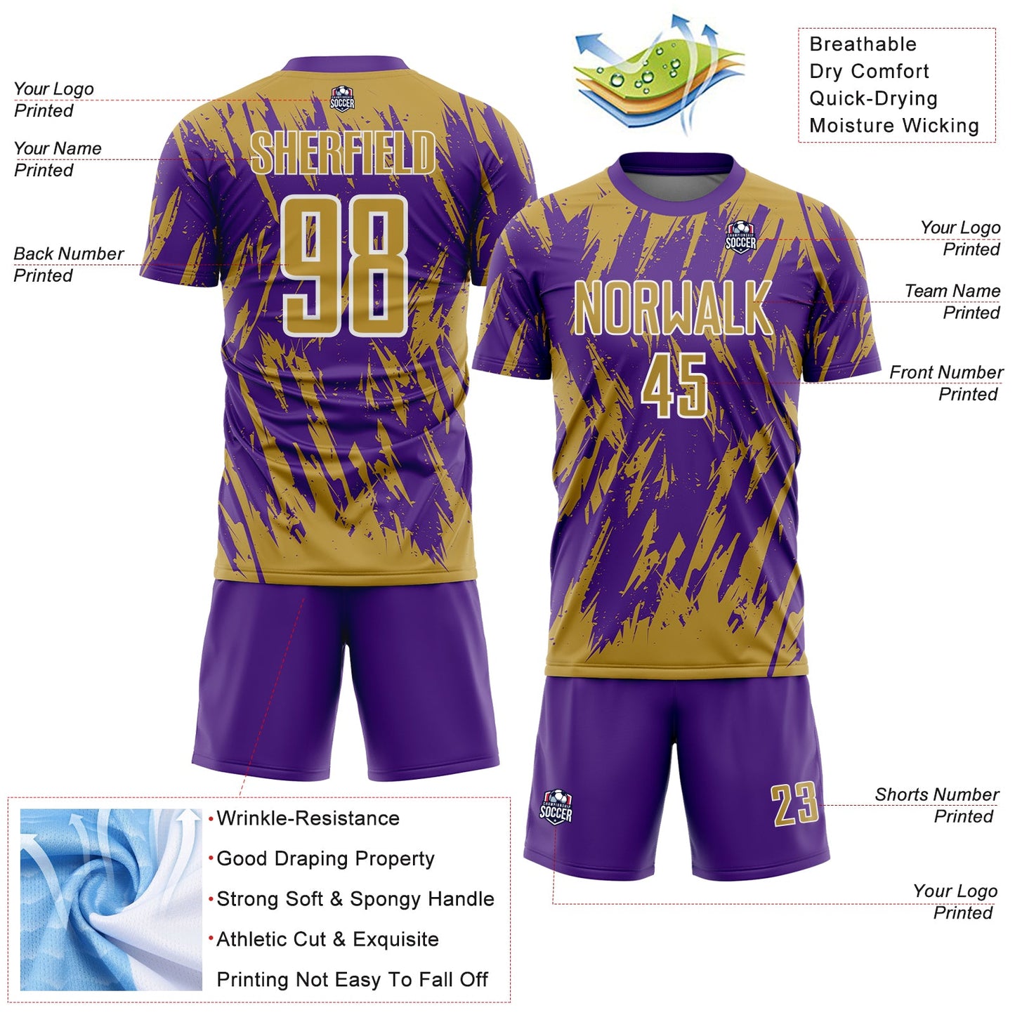 Custom Purple Old Gold-White Splatter Torn Sharp Brush Stroke Sublimation Soccer Uniform Jersey view 4