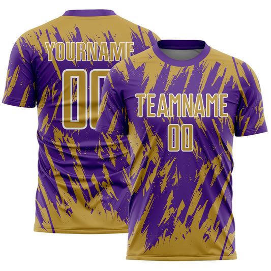 Custom Purple Old Gold-White Splatter Torn Sharp Brush Stroke Sublimation Soccer Uniform Jersey - Main View