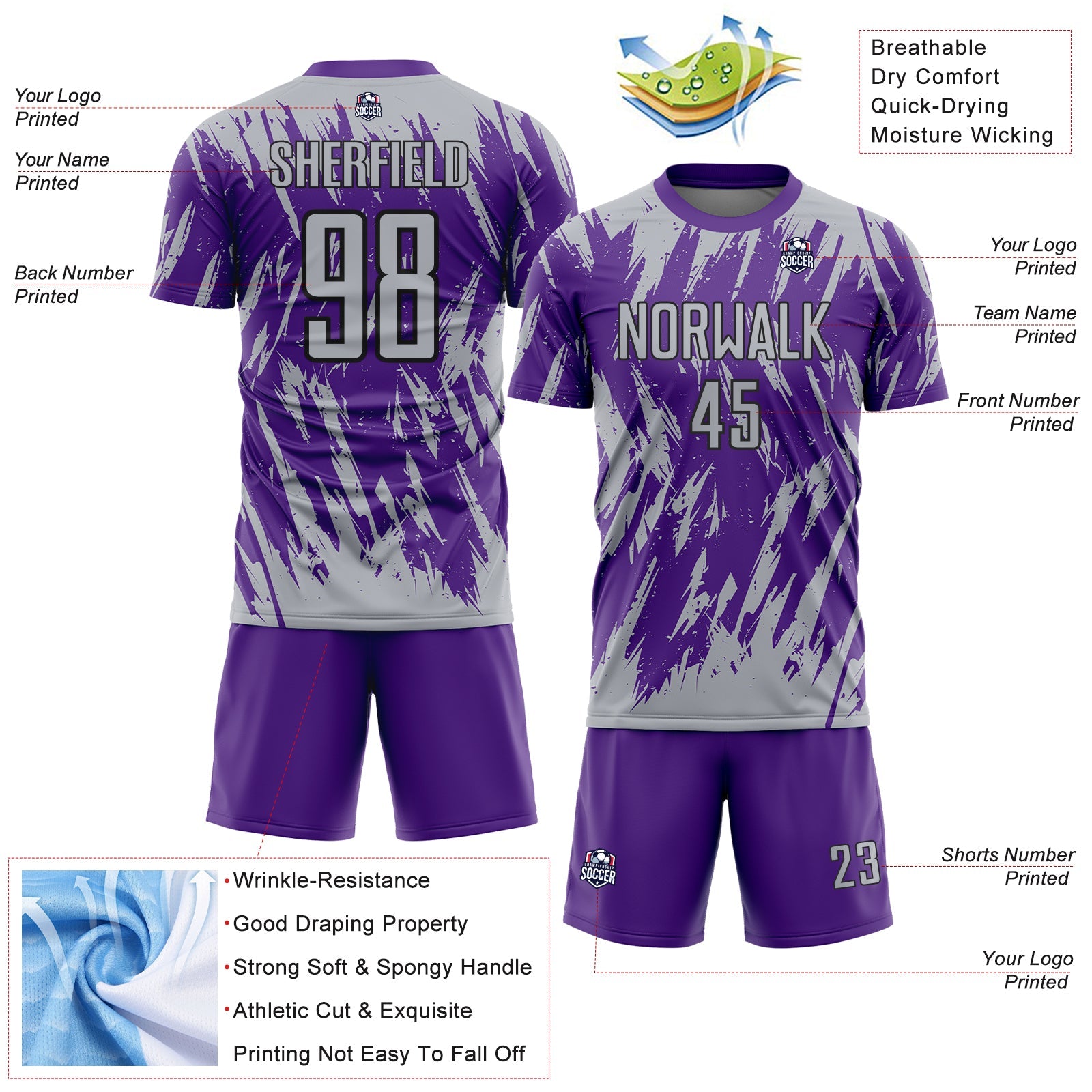Custom Purple Gray-Black Splatter Torn Sharp Brush Stroke Sublimation Soccer Uniform Jersey view 4