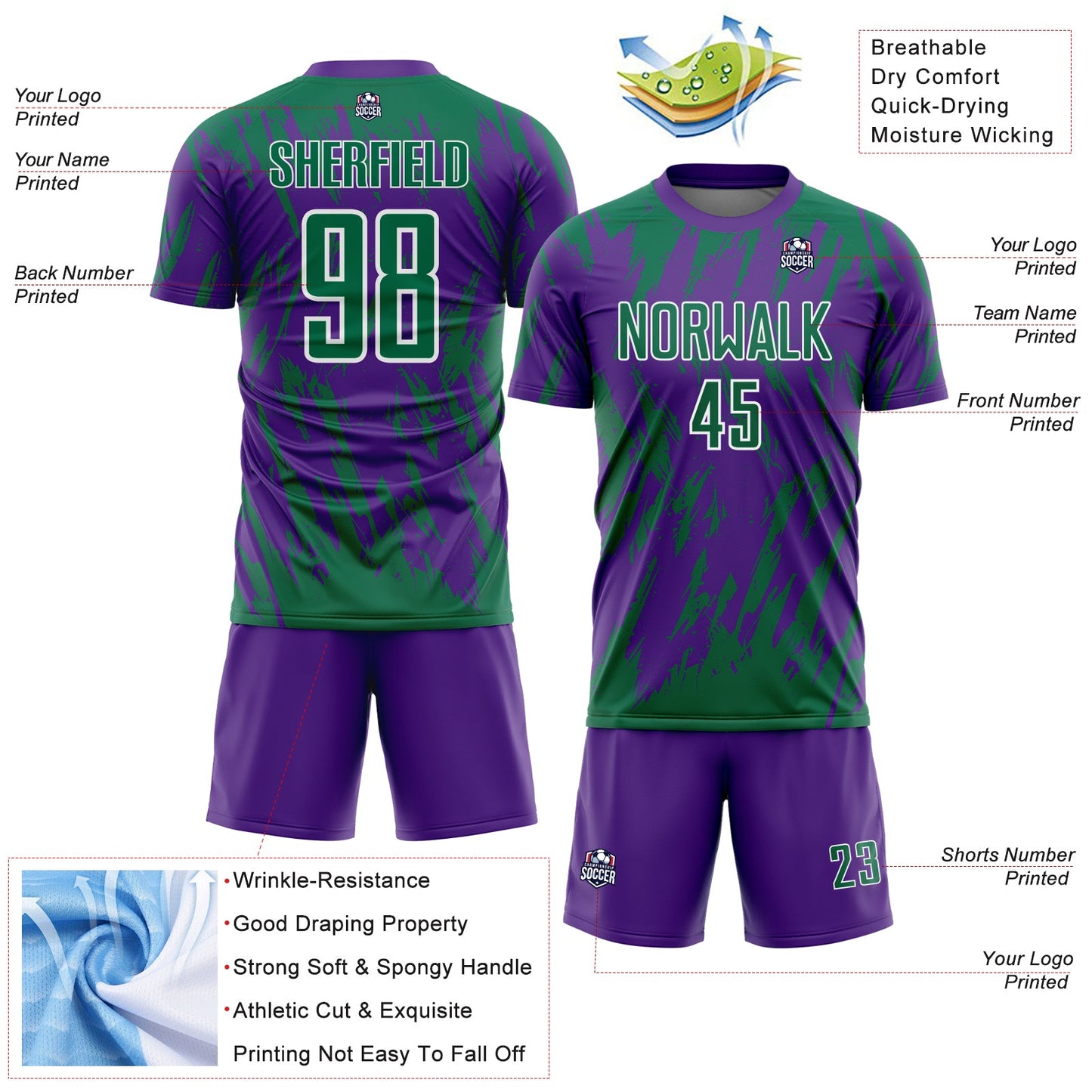Custom Purple Kelly Green-White Splatter Torn Sharp Brush Stroke Sublimation Soccer Uniform Jersey view 4