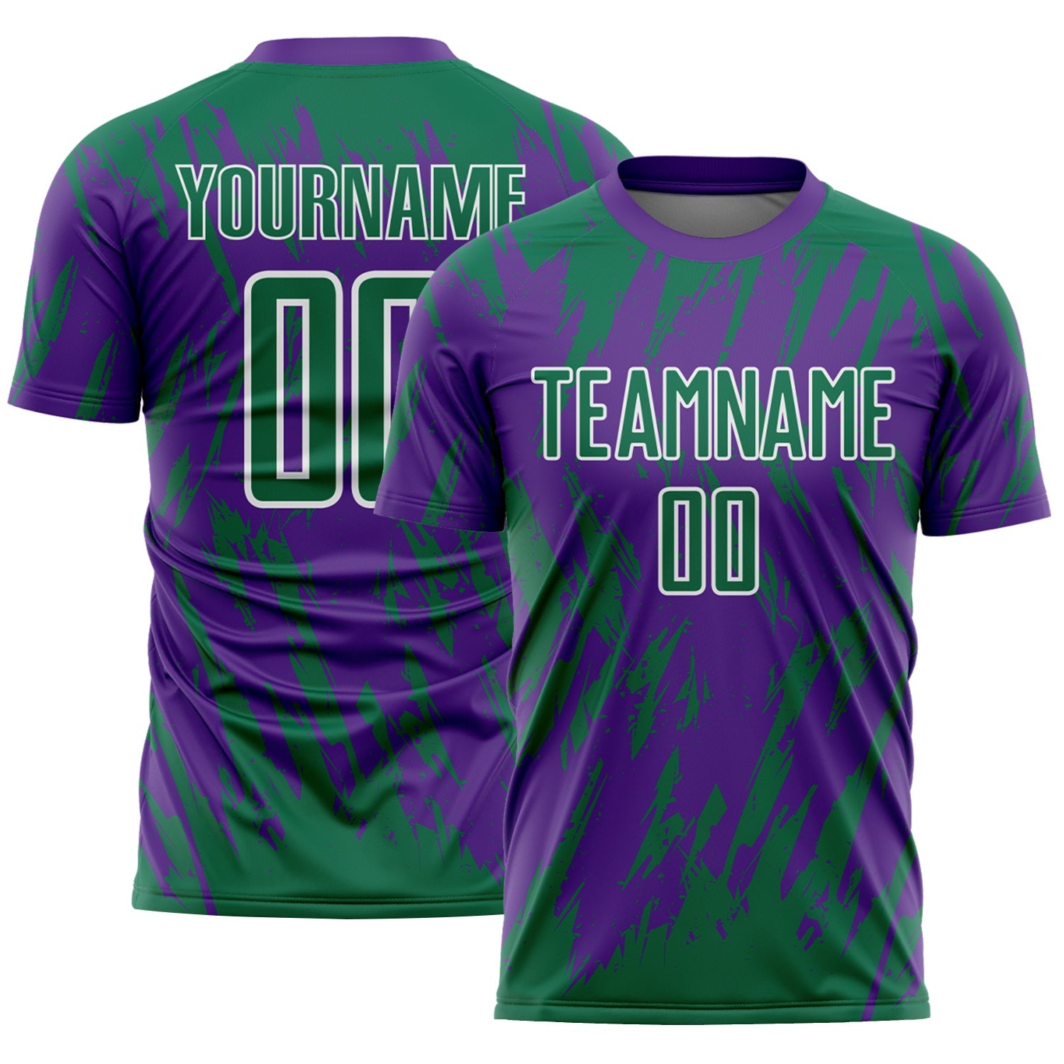 Custom Purple Kelly Green-White Splatter Torn Sharp Brush Stroke Sublimation Soccer Uniform Jersey - Main View