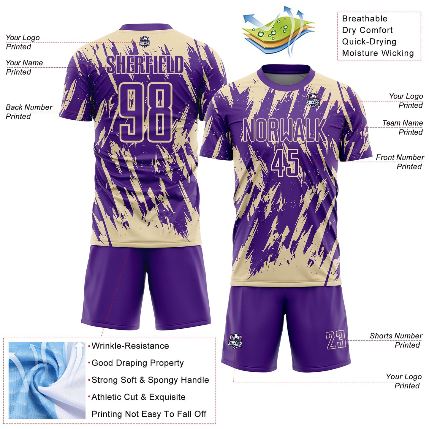 Custom Purple-Cream Splatter Torn Sharp Brush Stroke Sublimation Soccer Uniform Jersey view 4