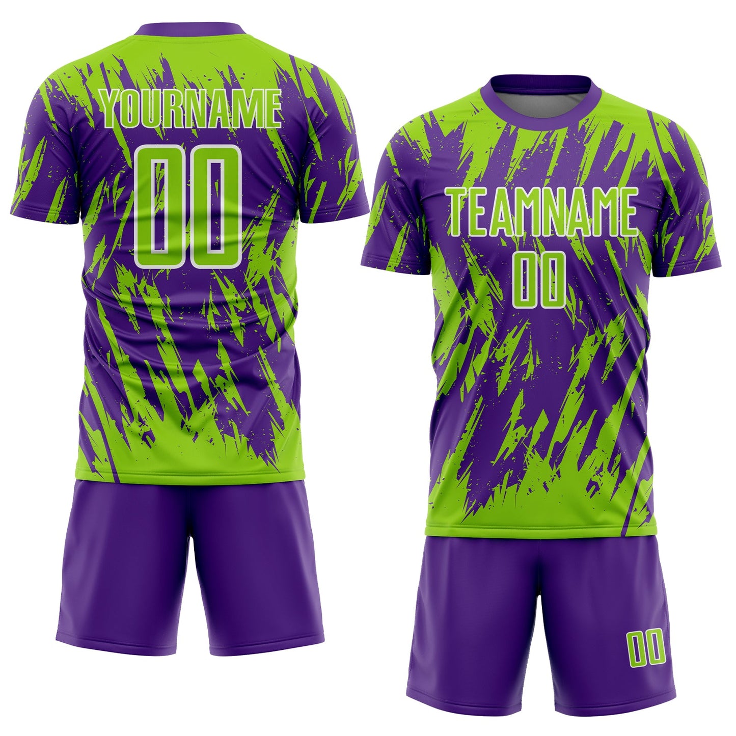 Custom Purple Neon Green-White Splatter Torn Sharp Brush Stroke Sublimation Soccer Uniform Jersey view 2