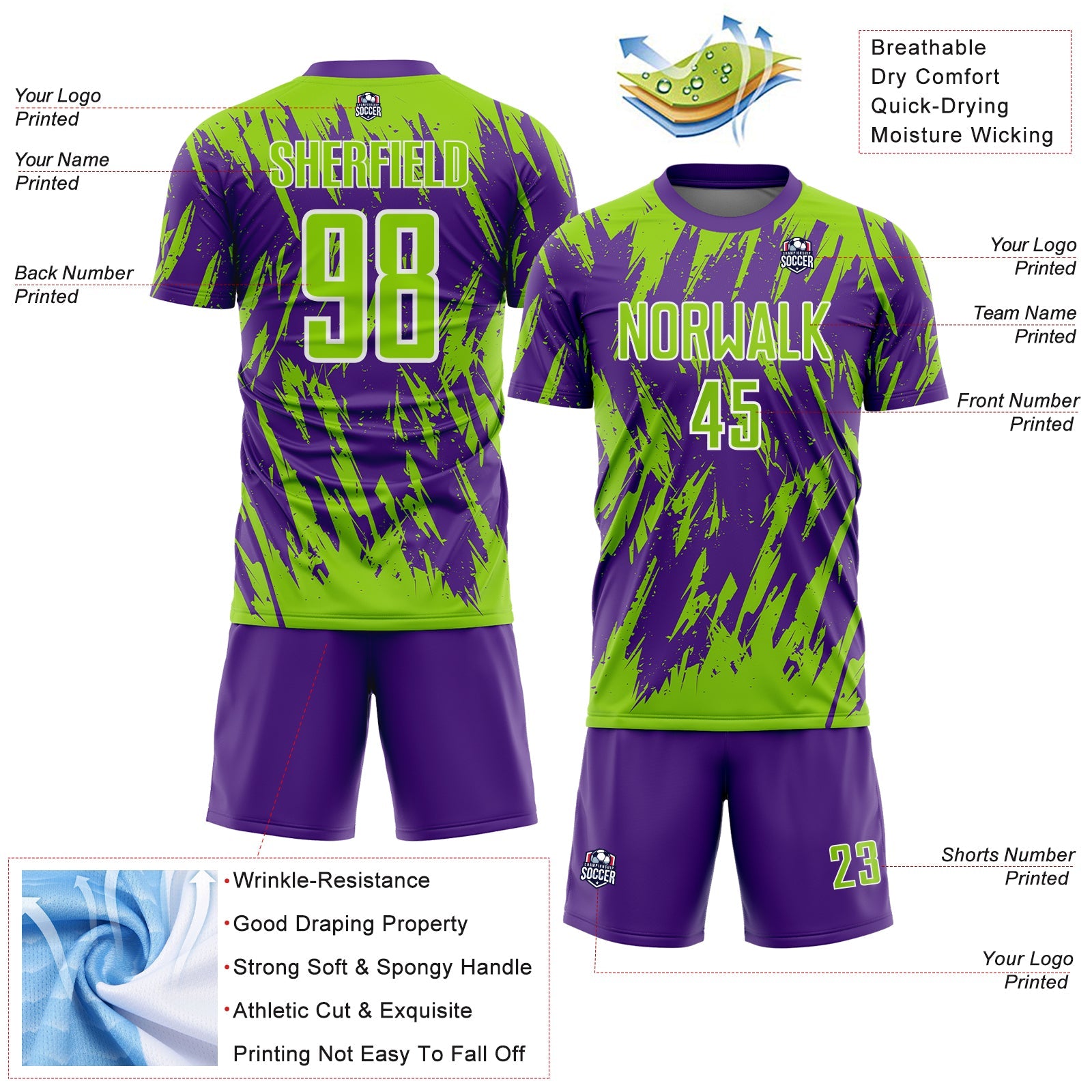 Custom Purple Neon Green-White Splatter Torn Sharp Brush Stroke Sublimation Soccer Uniform Jersey view 4