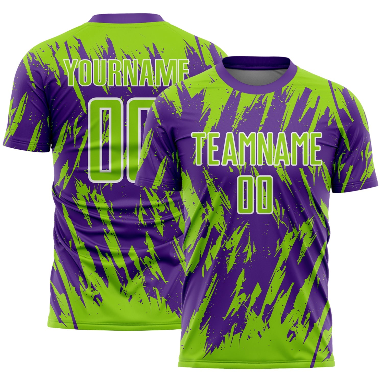 Custom Purple Neon Green-White Splatter Torn Sharp Brush Stroke Sublimation Soccer Uniform Jersey - Main View