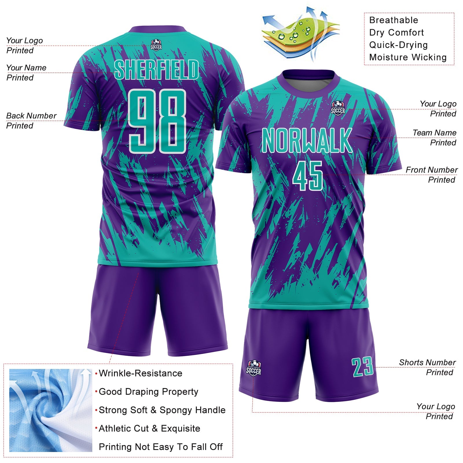 Custom Purple Aqua-White Splatter Torn Sharp Brush Stroke Sublimation Soccer Uniform Jersey view 4