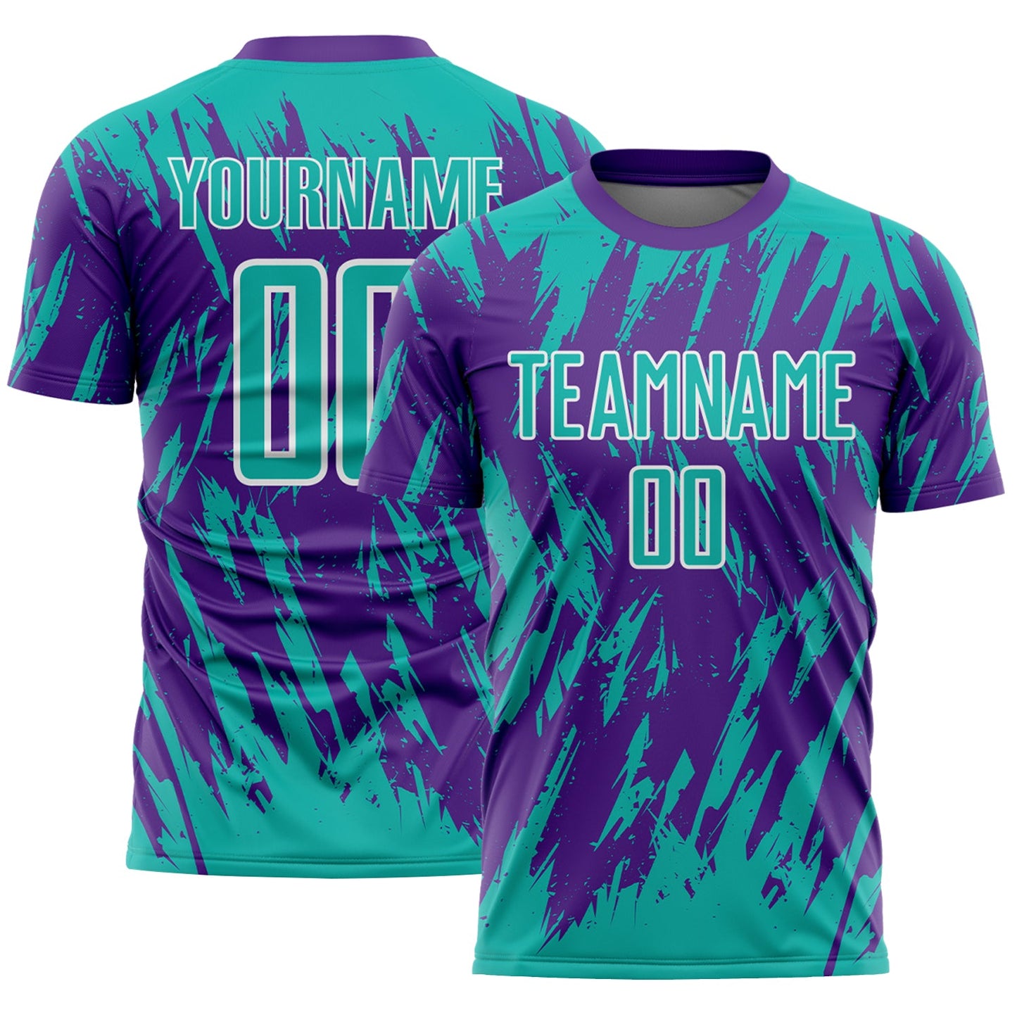 Custom Purple Aqua-White Splatter Torn Sharp Brush Stroke Sublimation Soccer Uniform Jersey - Main View