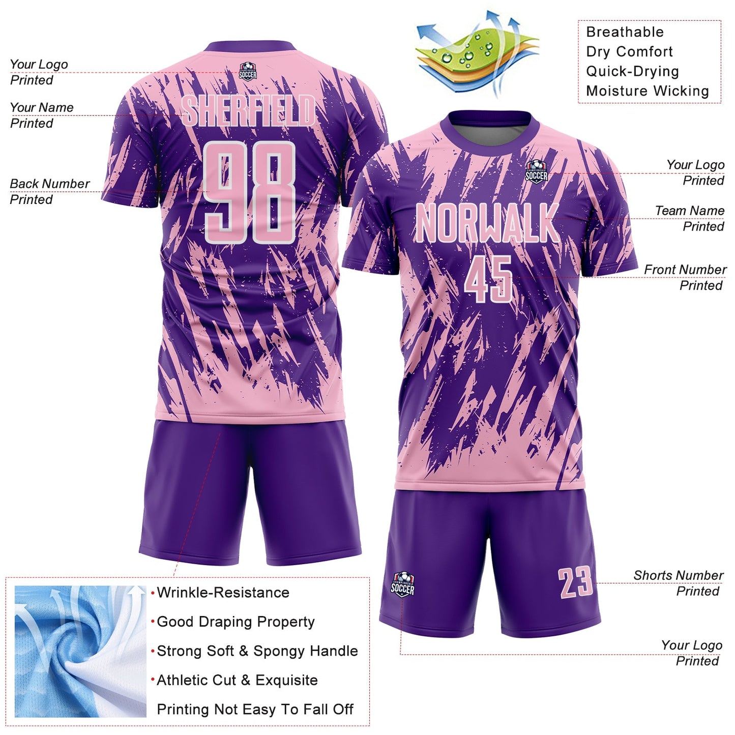 Custom Purple Light Pink-White Splatter Torn Sharp Brush Stroke Sublimation Soccer Uniform Jersey view 4