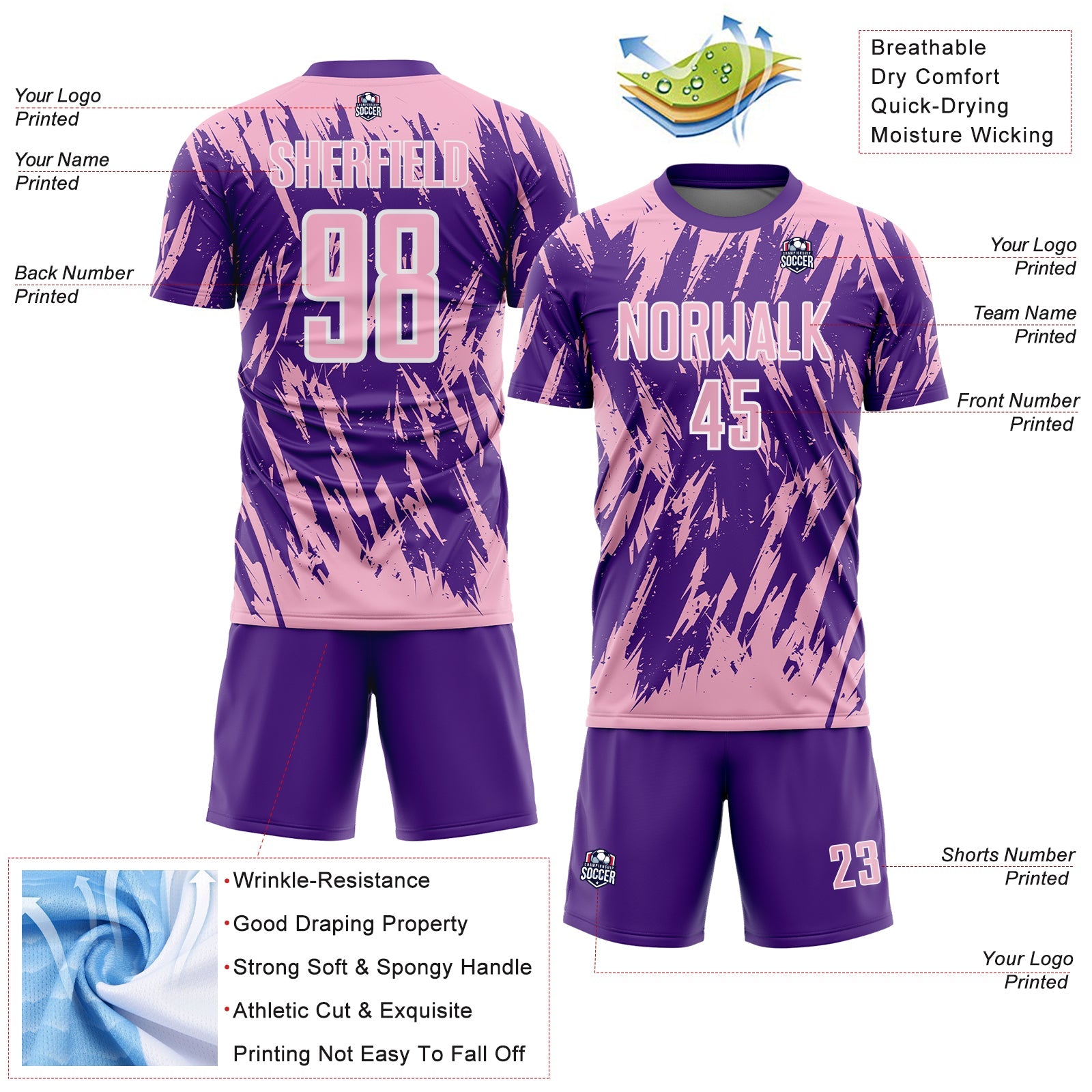 Custom Purple Light Pink-White Splatter Torn Sharp Brush Stroke Sublimation Soccer Uniform Jersey view 4