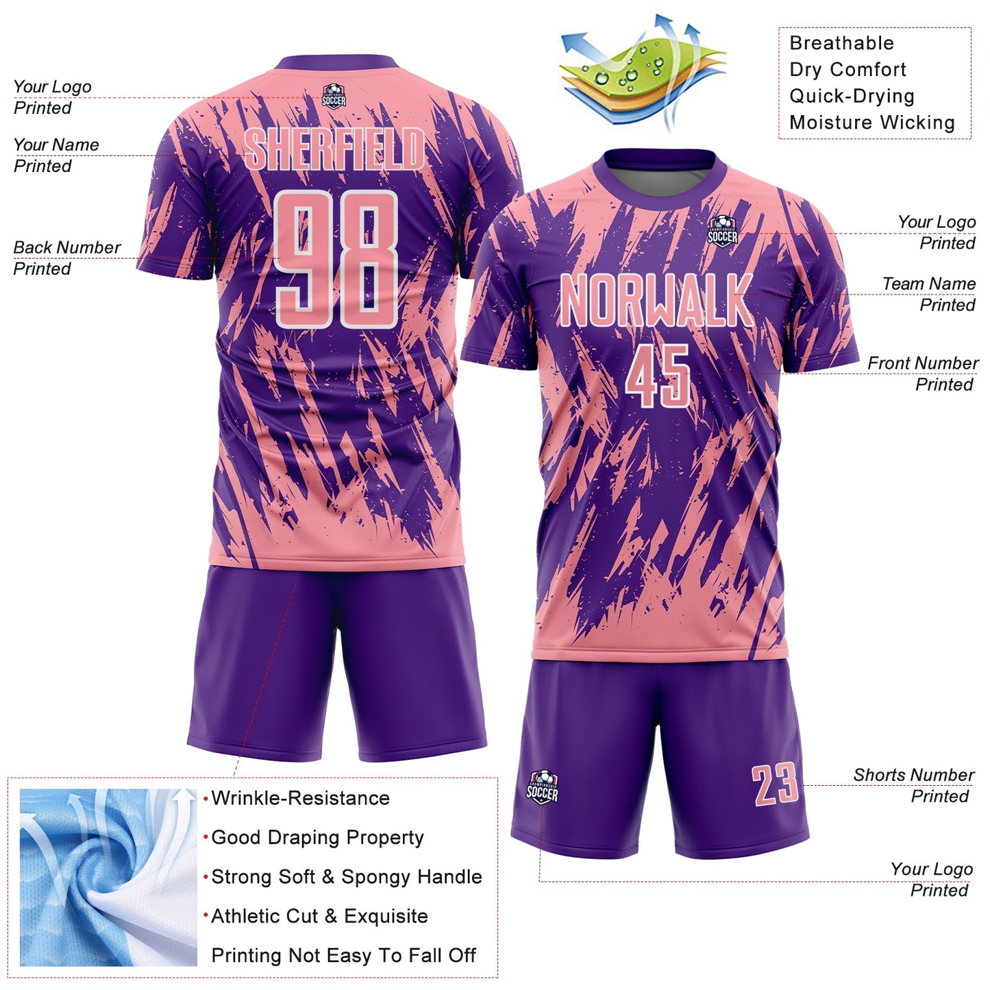 Custom Purple Medium Pink-White Splatter Torn Sharp Brush Stroke Sublimation Soccer Uniform Jersey view 4