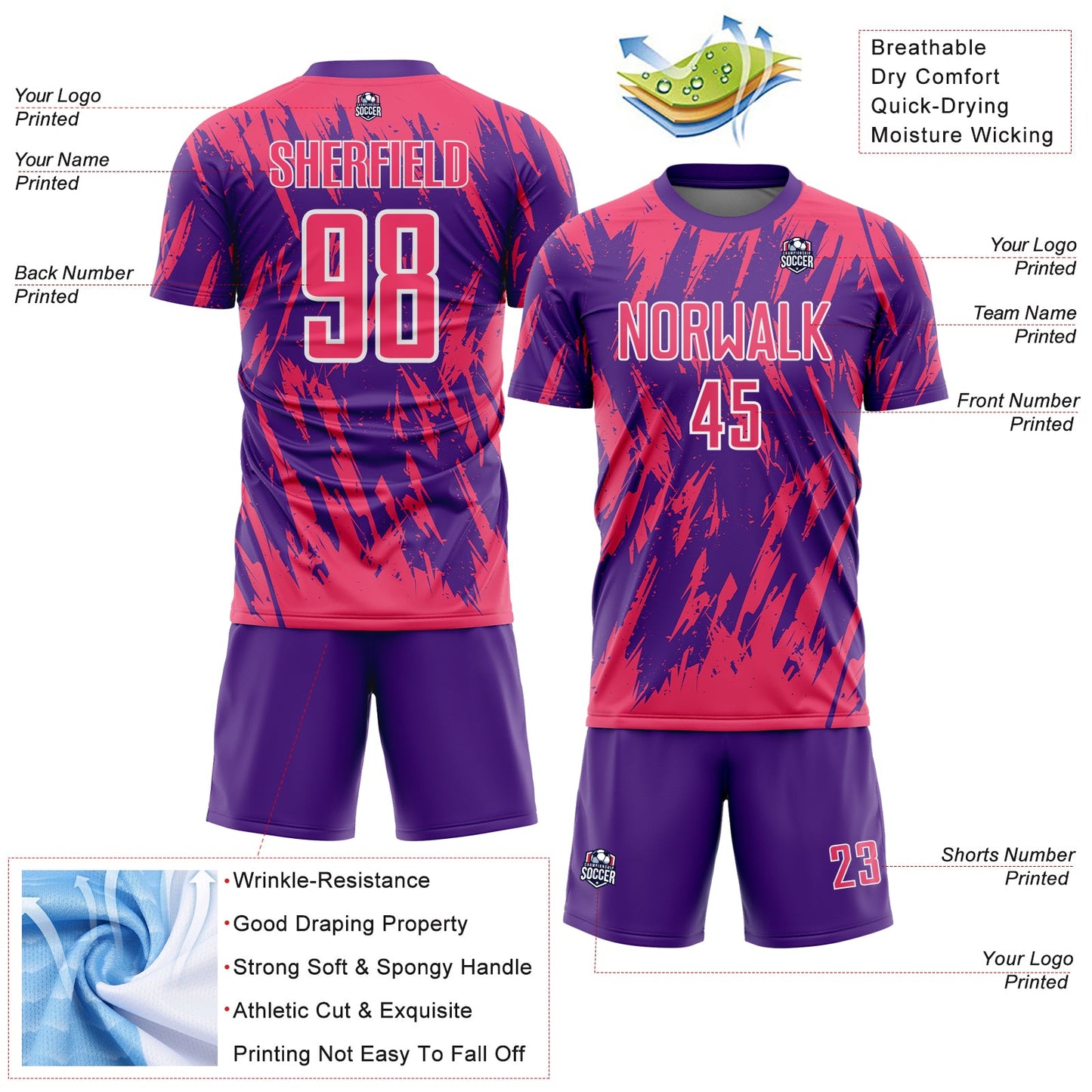 Custom Purple Neon Pink-White Splatter Torn Sharp Brush Stroke Sublimation Soccer Uniform Jersey view 4