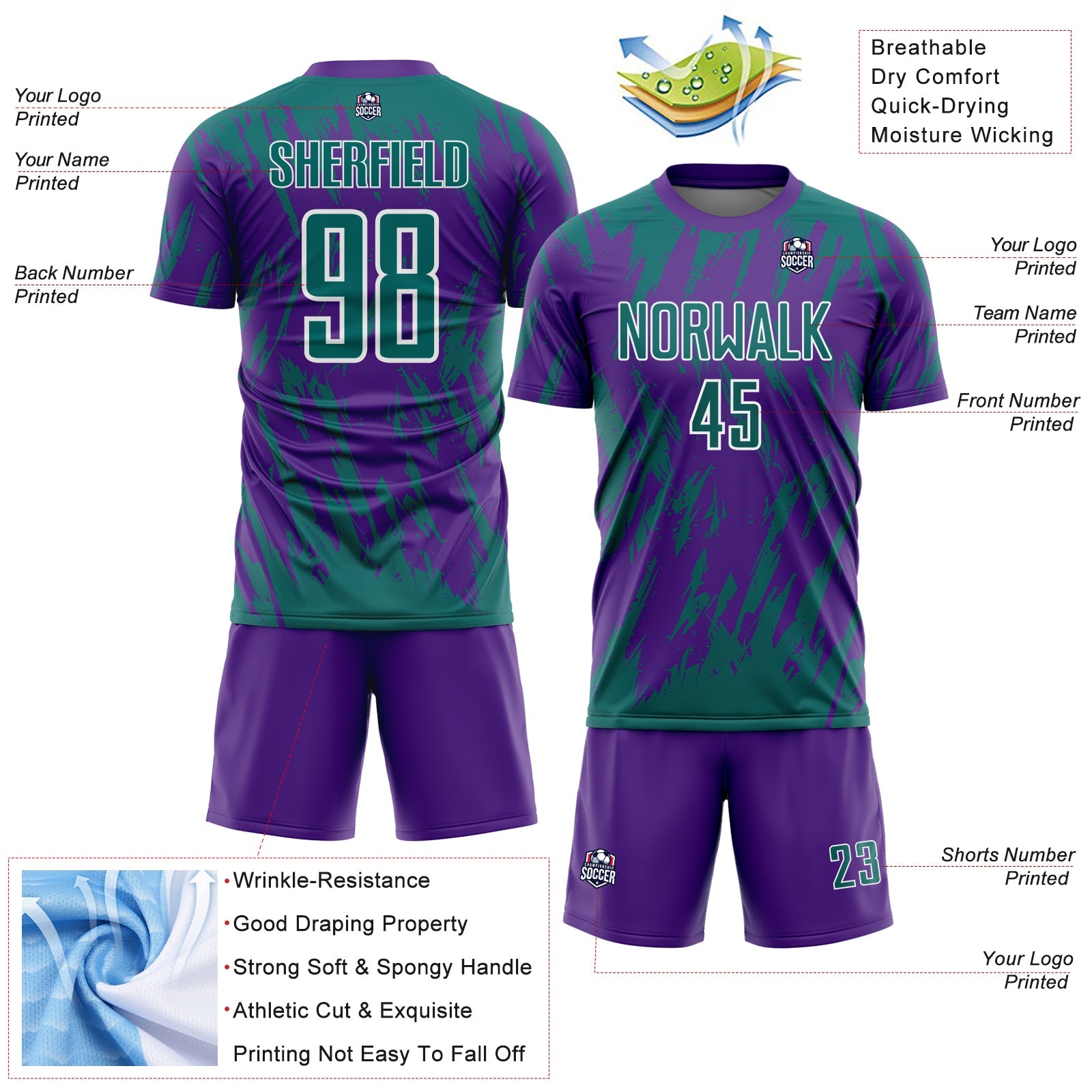 Custom Purple Teal-White Splatter Torn Sharp Brush Stroke Sublimation Soccer Uniform Jersey view 4