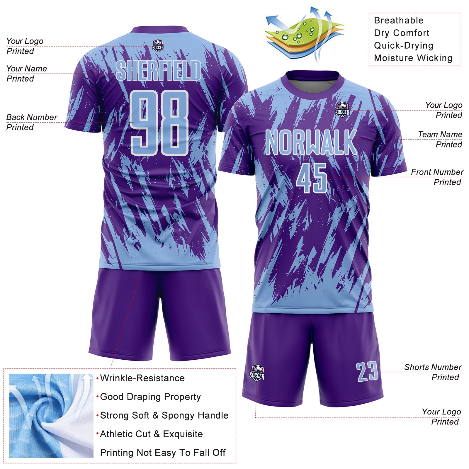 Custom Purple Light Blue-White Splatter Torn Sharp Brush Stroke Sublimation Soccer Uniform Jersey view 4