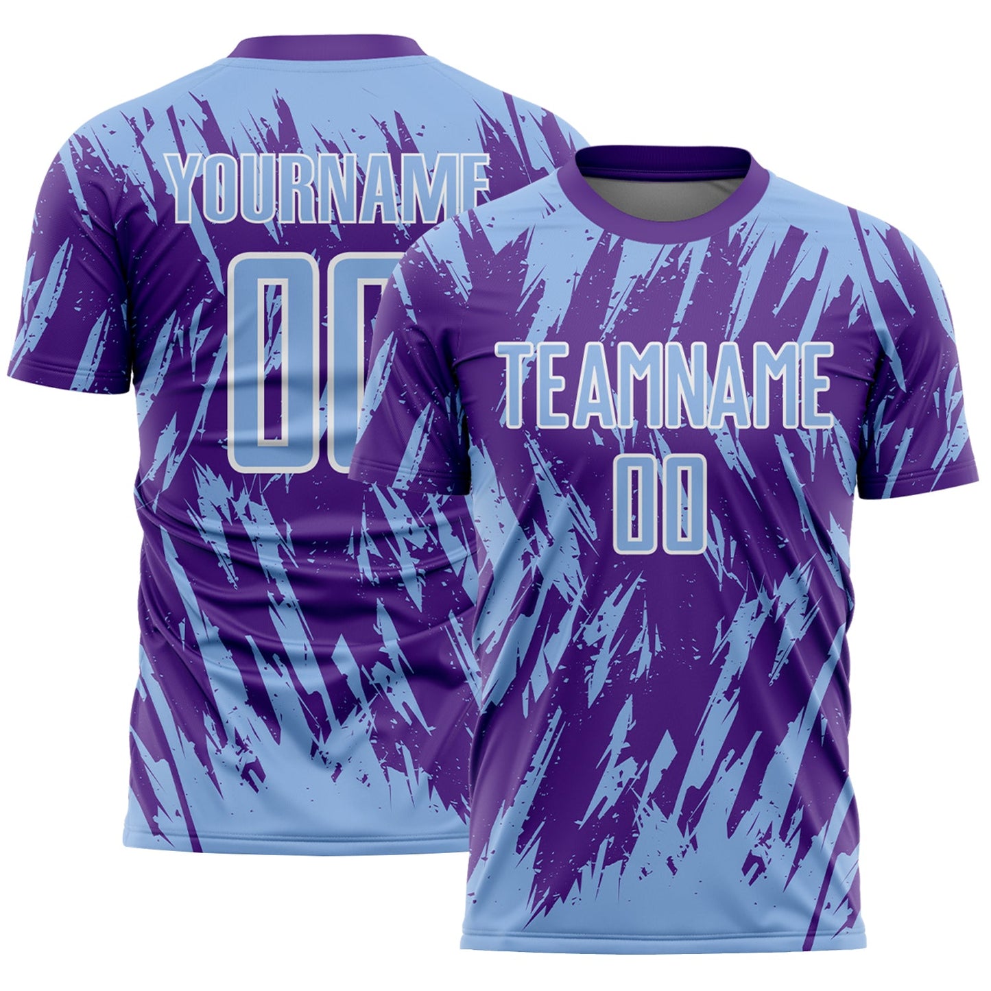 Custom Purple Light Blue-White Splatter Torn Sharp Brush Stroke Sublimation Soccer Uniform Jersey - Main View