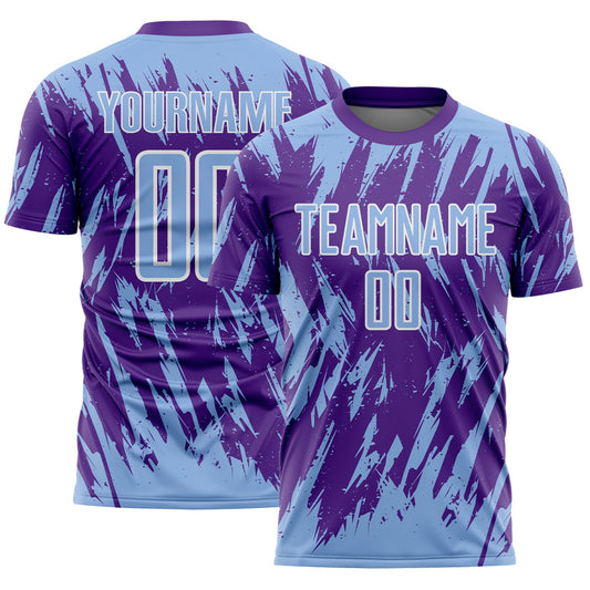 Custom Purple Light Blue-White Splatter Torn Sharp Brush Stroke Sublimation Soccer Uniform Jersey - Main View
