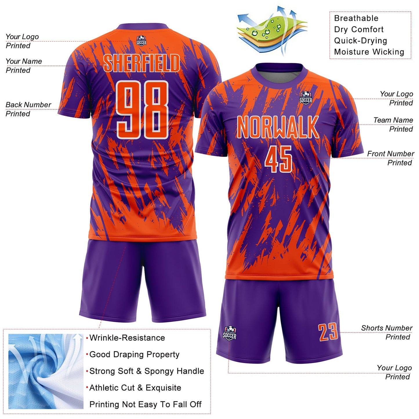 Custom Purple Orange-White Splatter Torn Sharp Brush Stroke Sublimation Soccer Uniform Jersey view 4