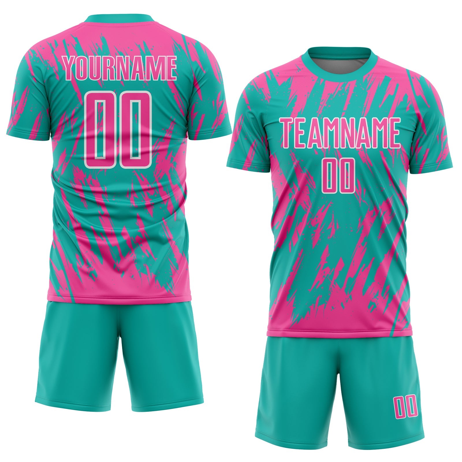 Custom Aqua Pink-White Splatter Torn Sharp Brush Stroke Sublimation Soccer Uniform Jersey view 2