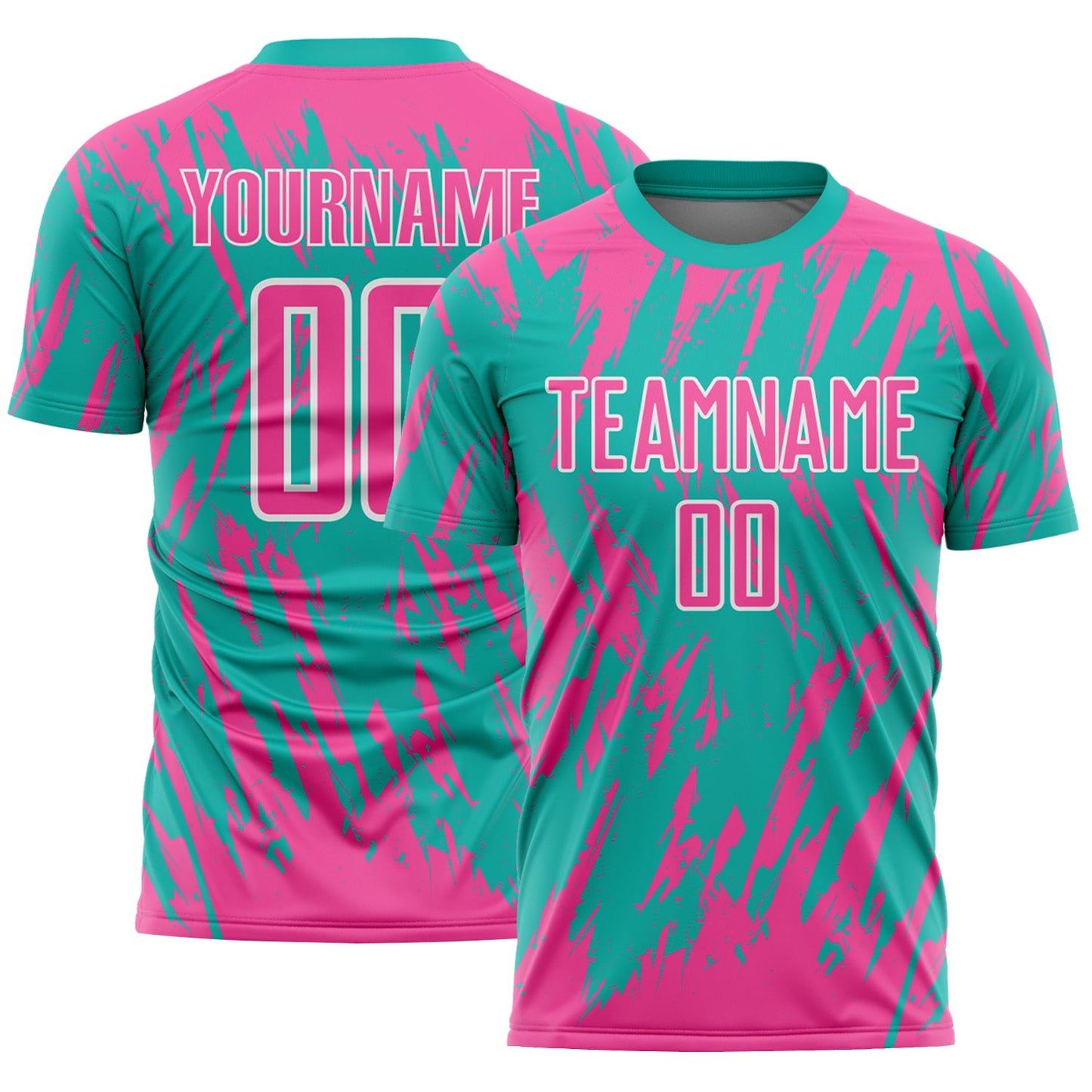 Custom Aqua Pink-White Splatter Torn Sharp Brush Stroke Sublimation Soccer Uniform Jersey - Main View