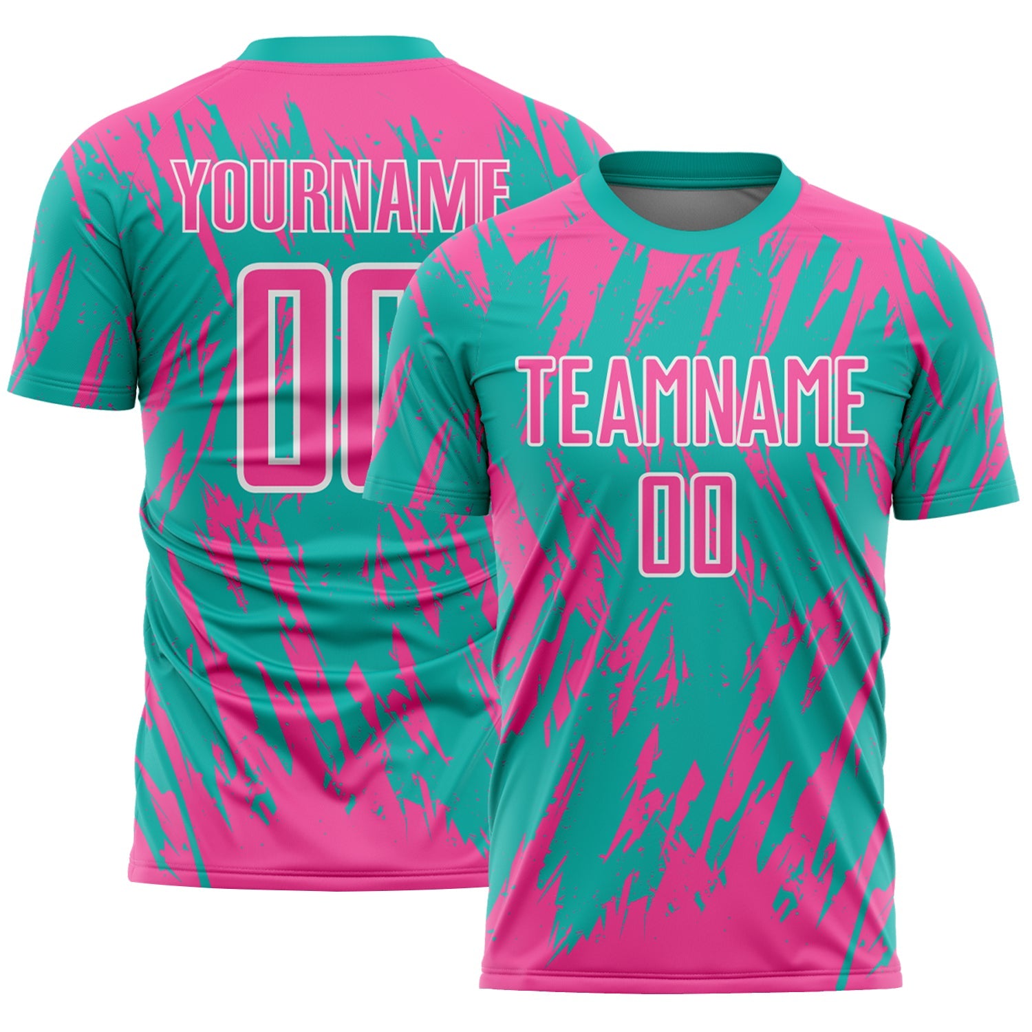 Custom Aqua Pink-White Splatter Torn Sharp Brush Stroke Sublimation Soccer Uniform Jersey - Main View
