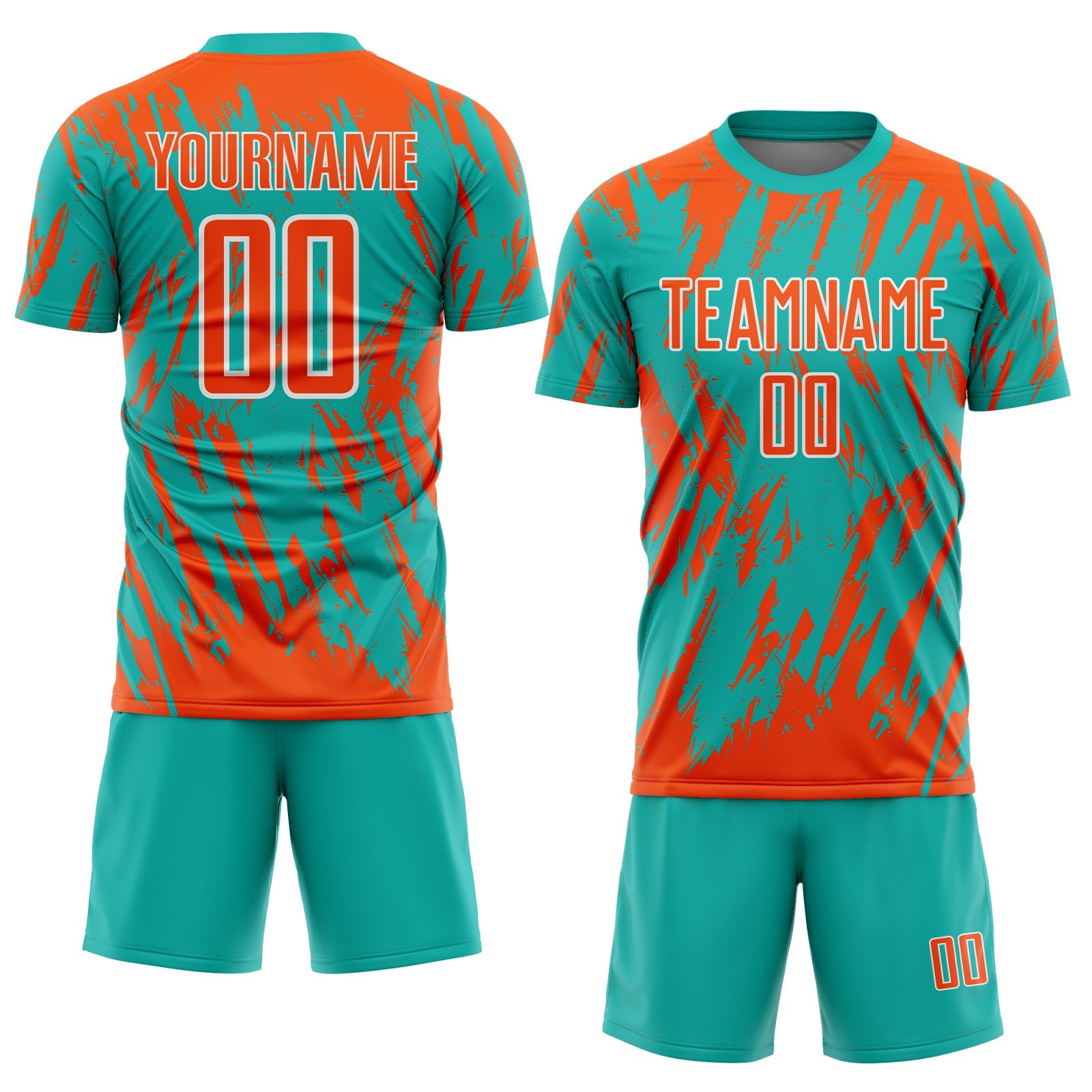 Custom Aqua Orange-White Splatter Torn Sharp Brush Stroke Sublimation Soccer Uniform Jersey view 2