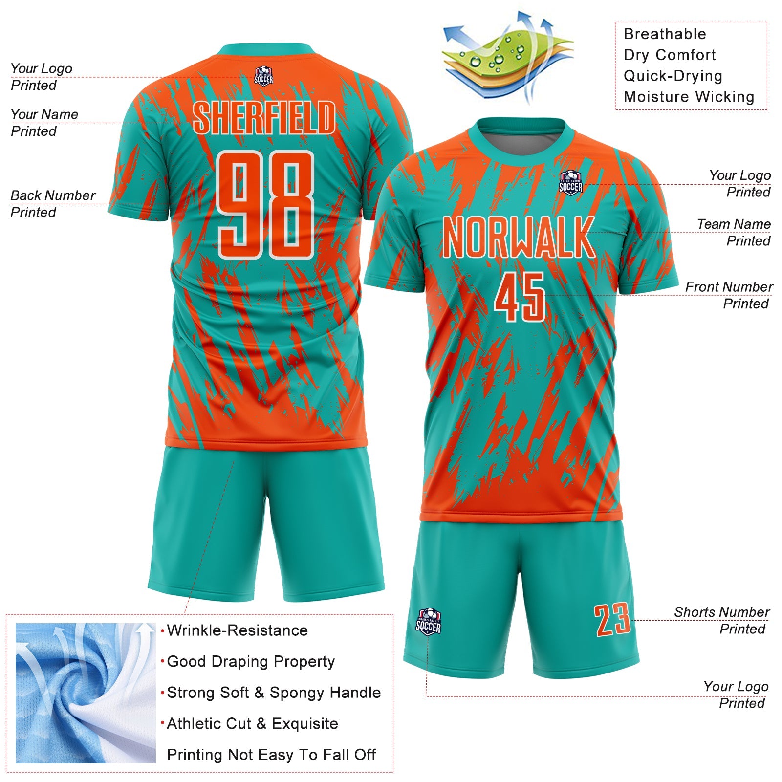 Custom Aqua Orange-White Splatter Torn Sharp Brush Stroke Sublimation Soccer Uniform Jersey view 4