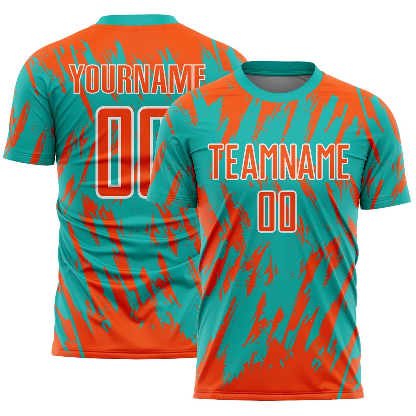 Custom Aqua Orange-White Splatter Torn Sharp Brush Stroke Sublimation Soccer Uniform Jersey - Main View