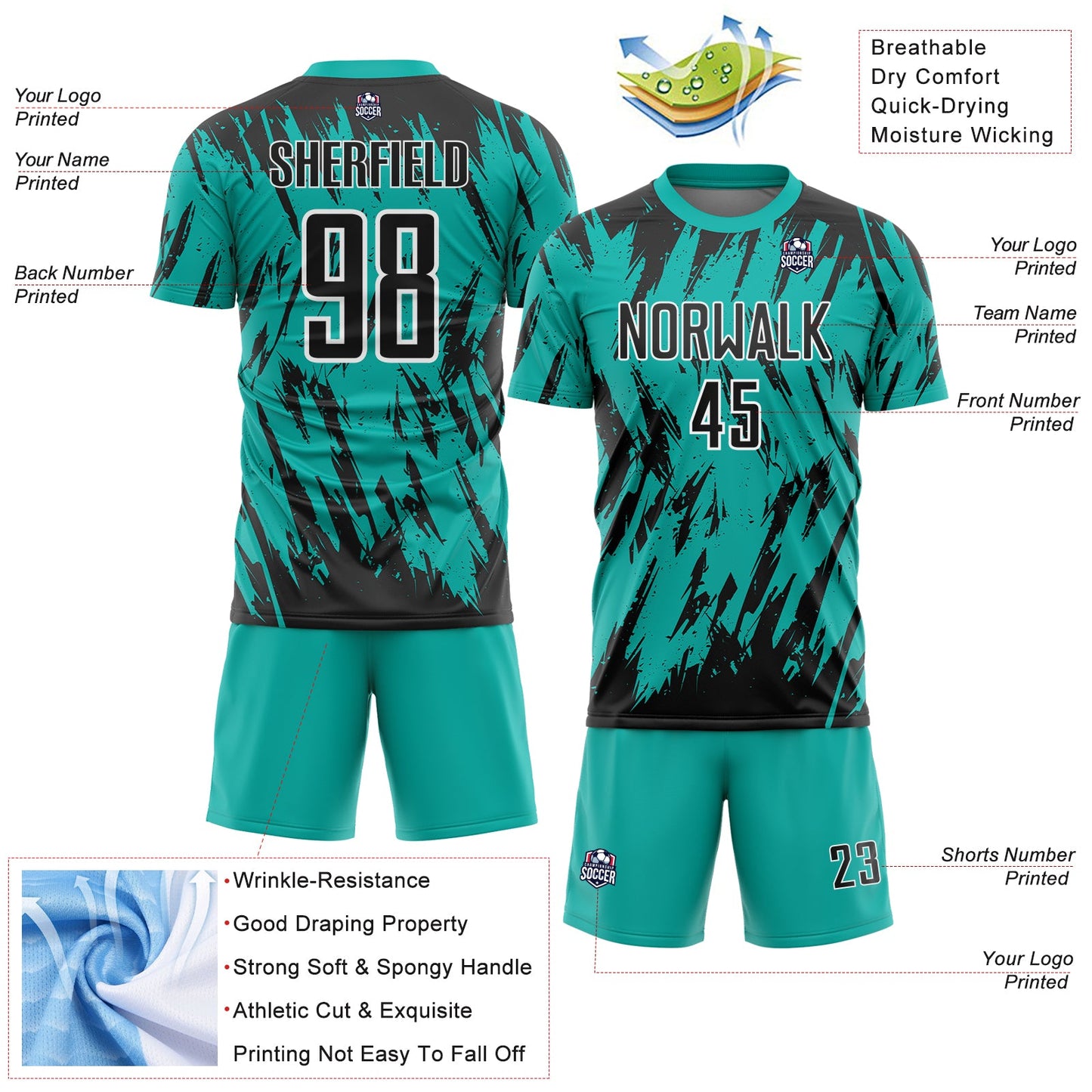 Custom Aqua Black-White Splatter Torn Sharp Brush Stroke Sublimation Soccer Uniform Jersey view 4