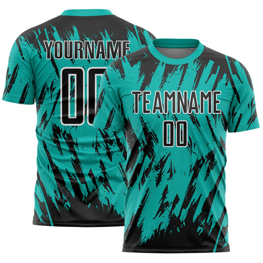 Custom Aqua Black-White Splatter Torn Sharp Brush Stroke Sublimation Soccer Uniform Jersey - Main View