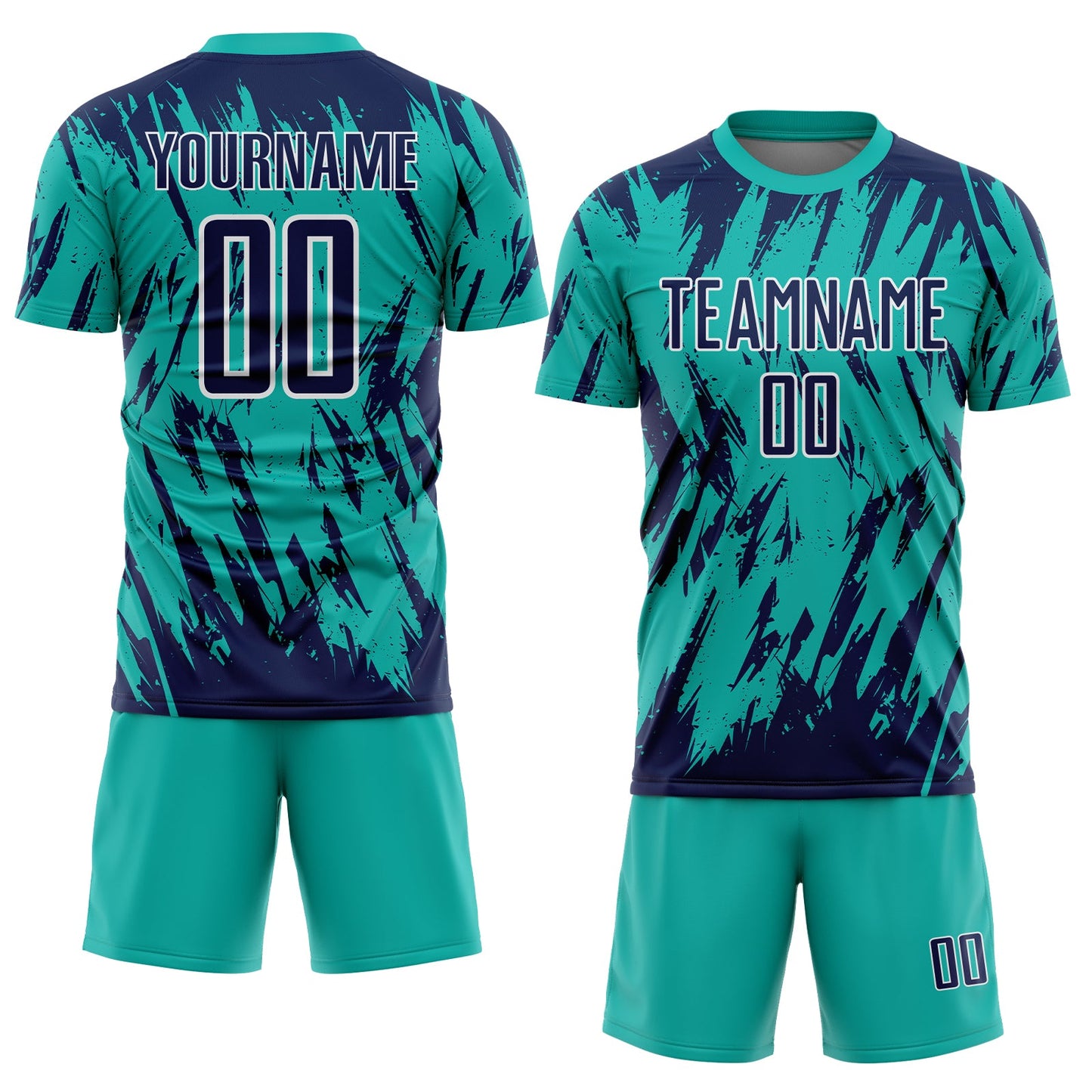 Custom Aqua Navy-White Splatter Torn Sharp Brush Stroke Sublimation Soccer Uniform Jersey view 2