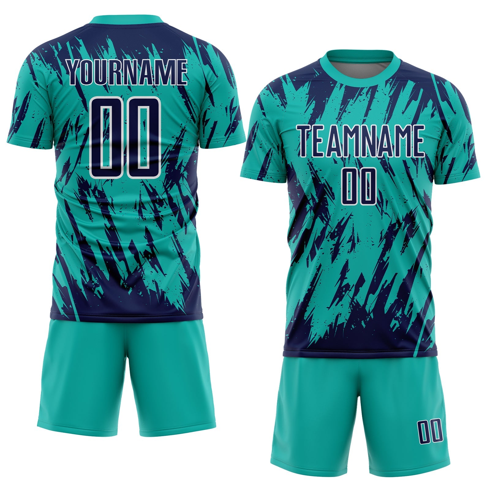Custom Aqua Navy-White Splatter Torn Sharp Brush Stroke Sublimation Soccer Uniform Jersey view 2