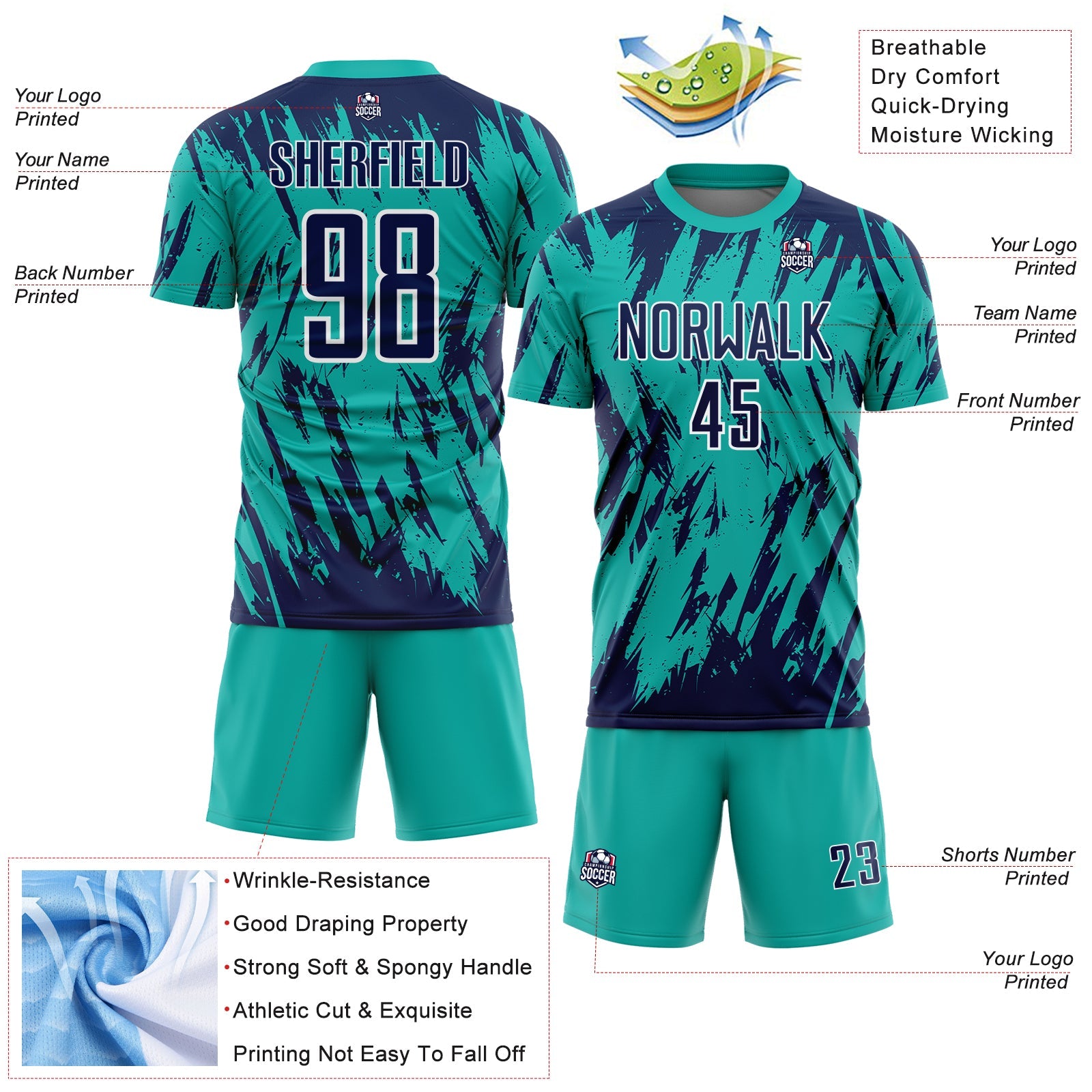 Custom Aqua Navy-White Splatter Torn Sharp Brush Stroke Sublimation Soccer Uniform Jersey view 4