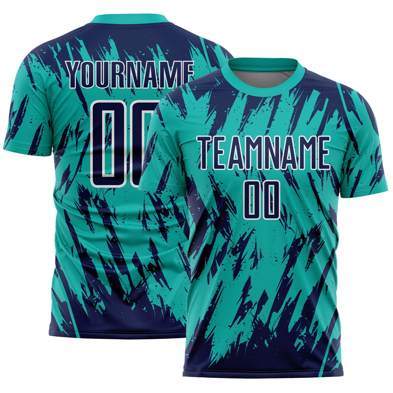 Custom Aqua Navy-White Splatter Torn Sharp Brush Stroke Sublimation Soccer Uniform Jersey - Main View