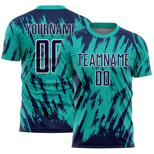 Custom Aqua Navy-White Splatter Torn Sharp Brush Stroke Sublimation Soccer Uniform Jersey - Main View