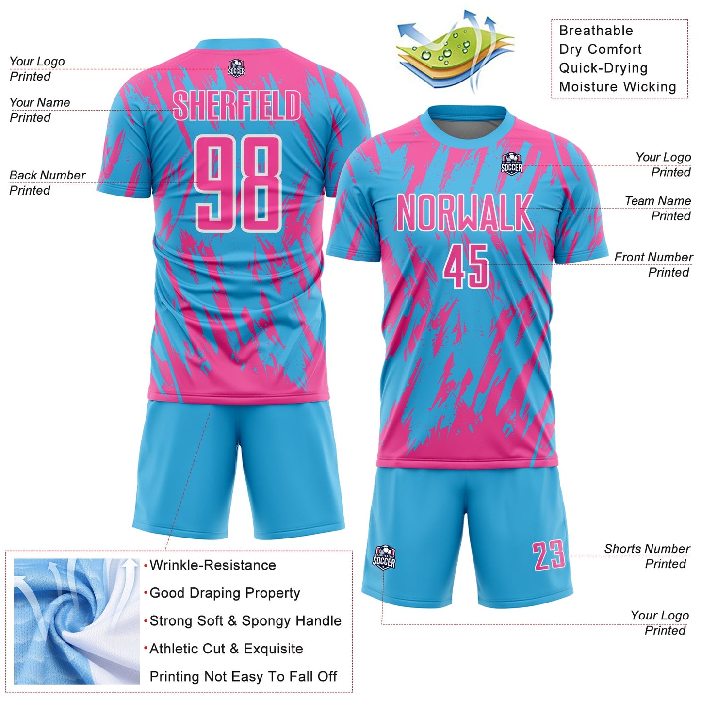 Custom Sky Blue Pink-White Splatter Torn Sharp Brush Stroke Sublimation Soccer Uniform Jersey view 4