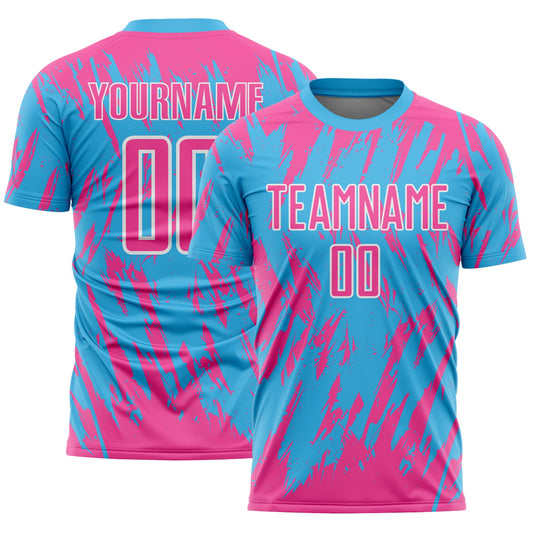 Custom Sky Blue Pink-White Splatter Torn Sharp Brush Stroke Sublimation Soccer Uniform Jersey - Main View
